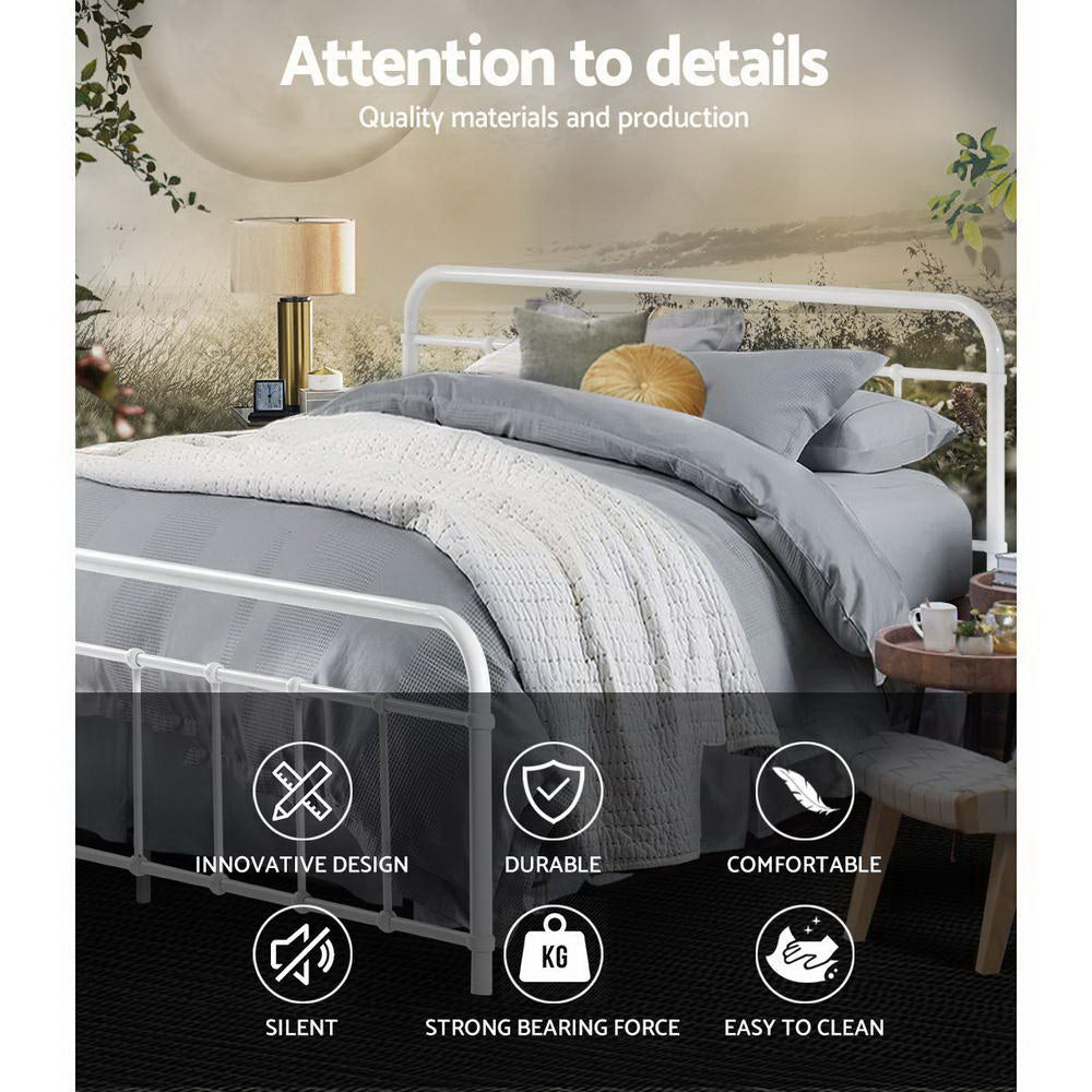 Leo Metal Queen Bed Frame White in a bedroom setting with gray bedding, showcasing metal frame and country-style design