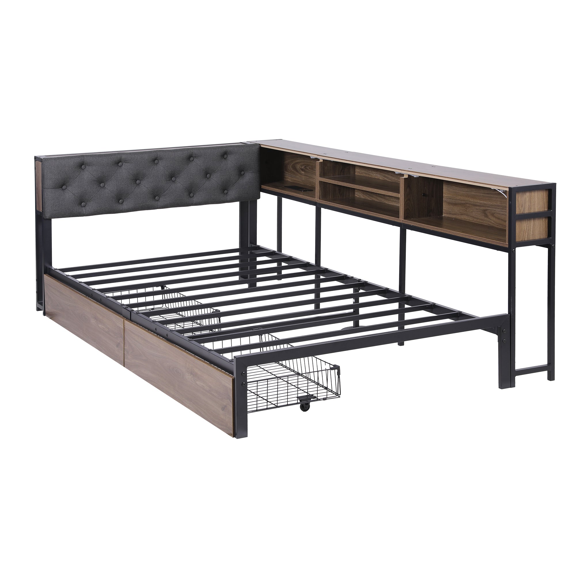Bed Frame King Single Size with 2 Drawers and Charging Station Metal Corner Bed Base