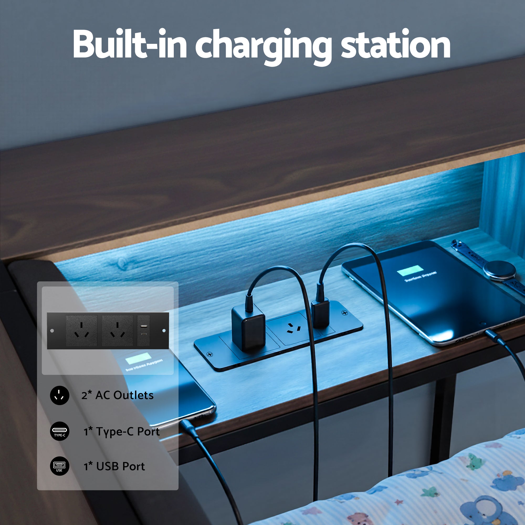 Bed Frame Single Size with 2 Drawers and Charging Station Metal Corner Bed Base