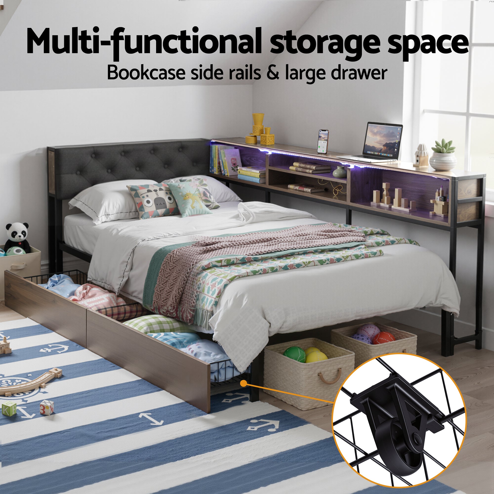 Bed Frame Single Size with 2 Drawers and Charging Station Metal Corner Bed Base