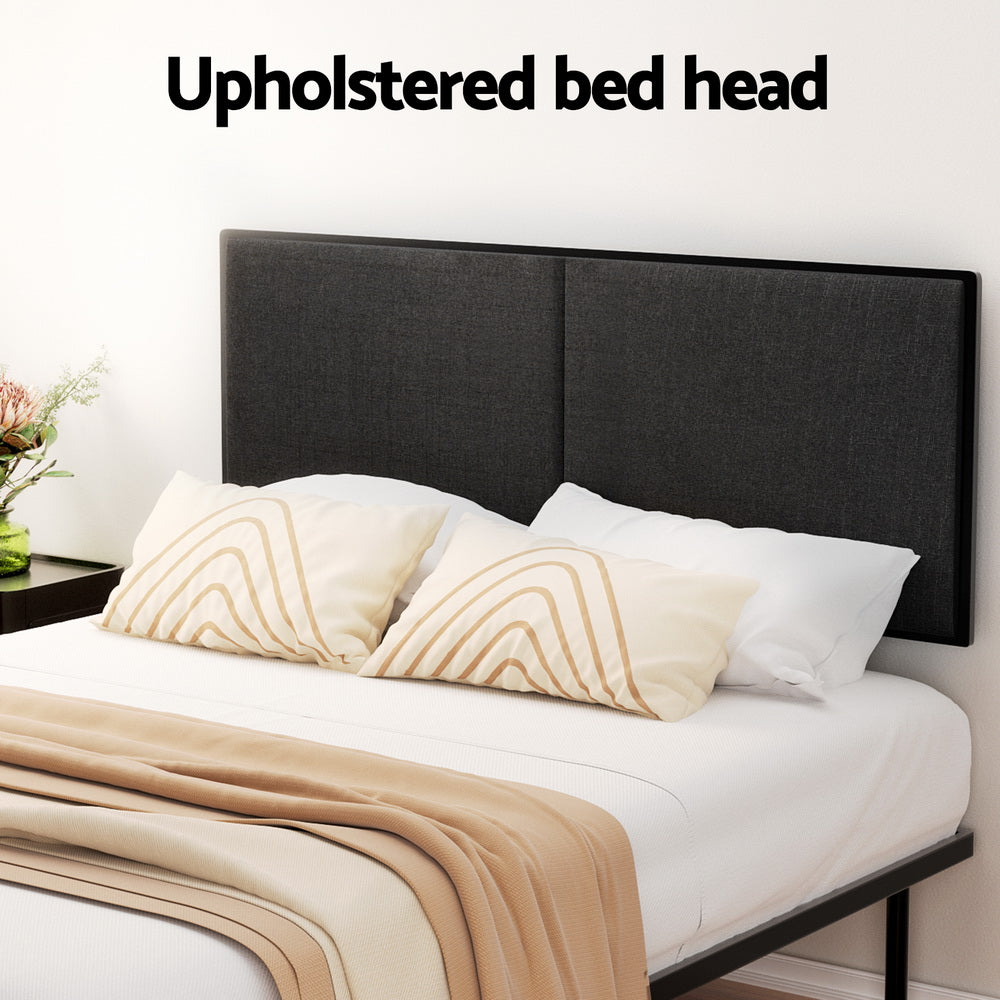 Kembla Metal Double Bed Frame Black with dark upholstered headboard, styled with white and beige pillows and beige throw