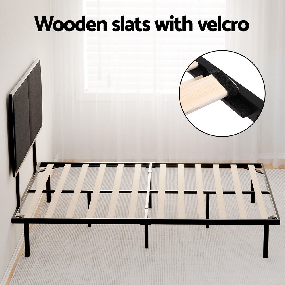 Kembla Metal Double Bed Frame Black with wooden slats featuring velcro attachment, shown in bright bedroom setting