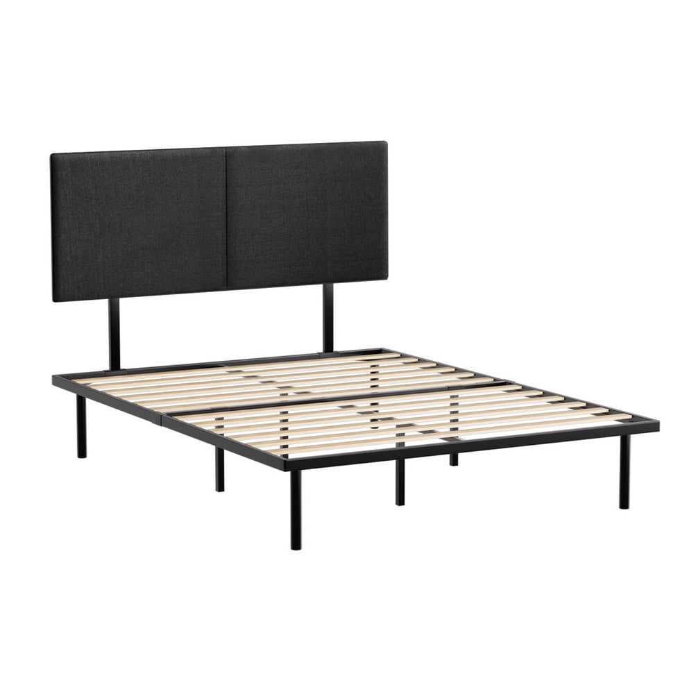 Norwood Queen Modern Bed Frame Black with fabric upholstered headboard, metal frame, and wooden slats for bedroom furniture.