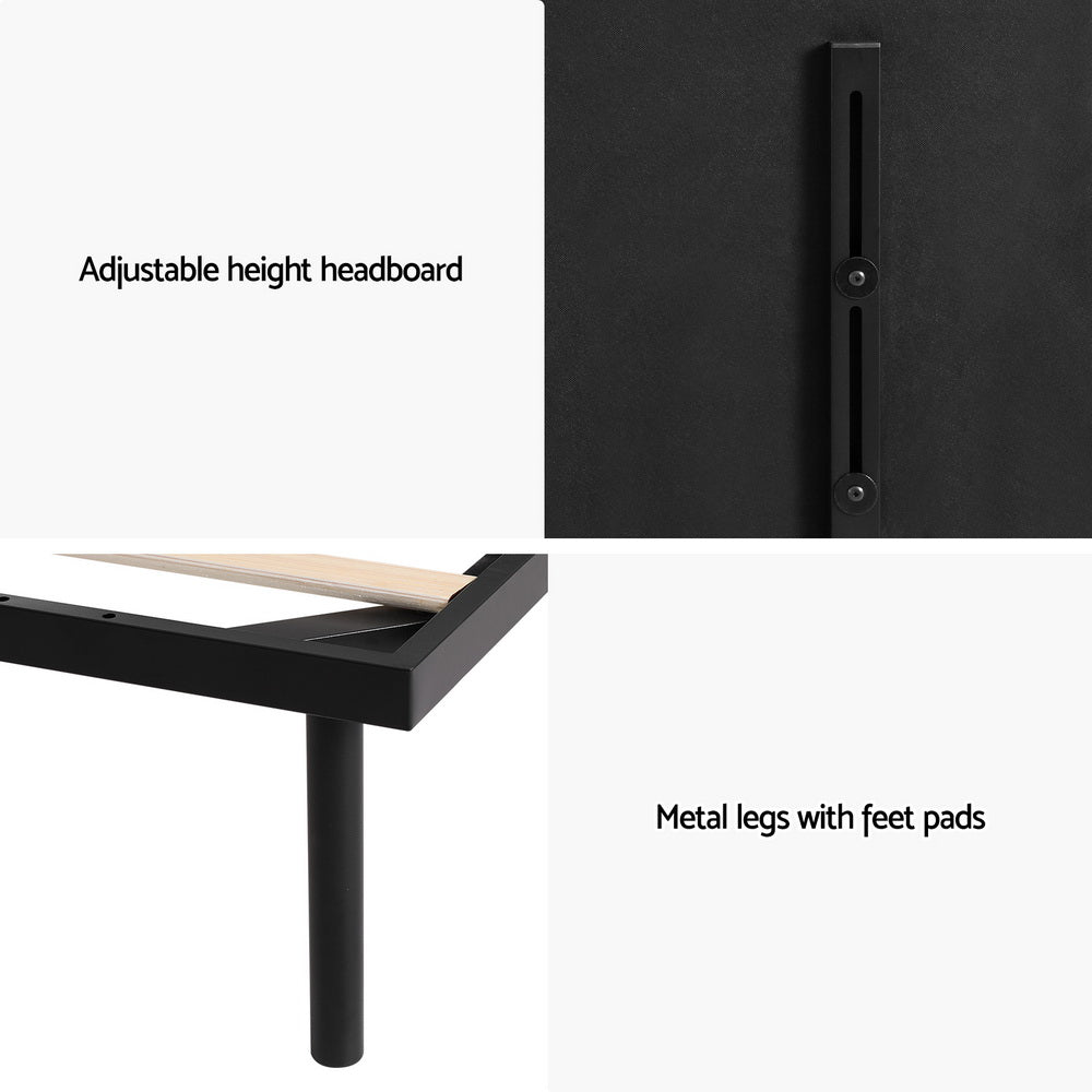 Norwood Queen Modern Bed Frame Black showing adjustable headboard and metal legs with feet pads close-up details