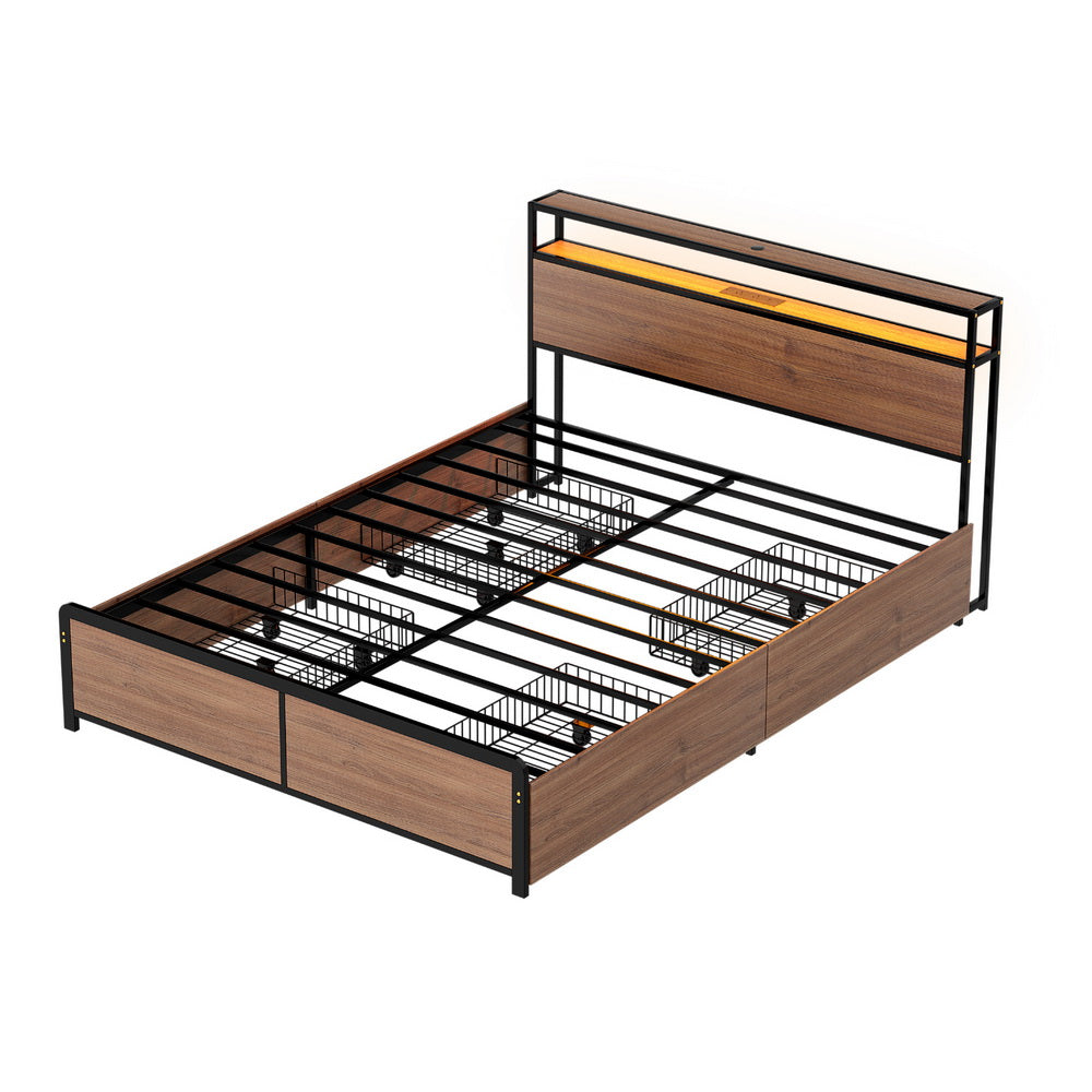 Sky Double LED Bed Frame with Storage Drawers & Charging Ports – Black & Brown metal frame, wood panels, and under-bed baskets