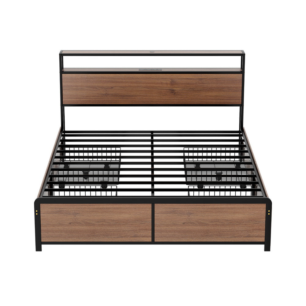 Sky Double LED Bed Frame with Storage Drawers & Charging Ports – Black & Brown with metal slats and wooden accents shown front view