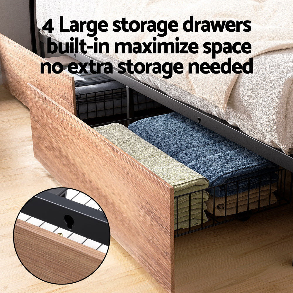 Sky Double LED Bed Frame with Storage Drawers & Charging Ports – Black & Brown showing large built-in storage drawers with folded blankets inside