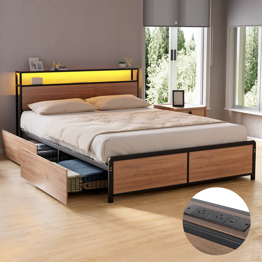 Sky Double LED Bed Frame with Storage Drawers & Charging Ports – Black & Brown, shown with bed neatly made and open storage drawers