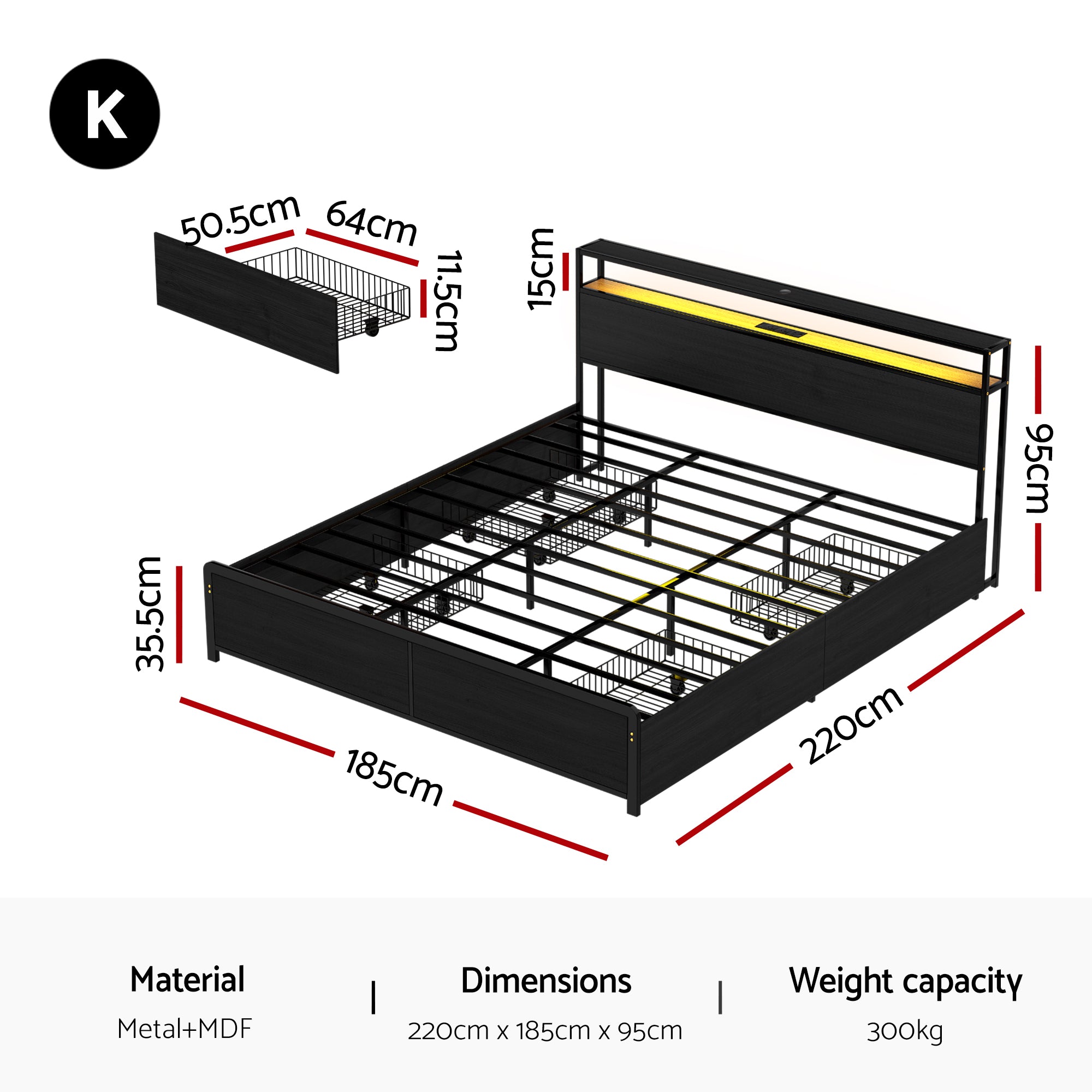 Sky King LED Bed Frame with Storage Drawers & Charging Ports – Black metal frame with headboard and integrated storage compartments.