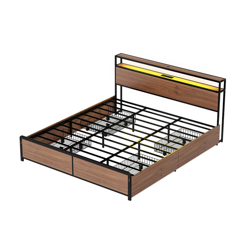 Sky King LED Bed Frame with Storage Drawers & Charging Ports – Black & Brown, metal frame with wooden panels and LED light strip.
