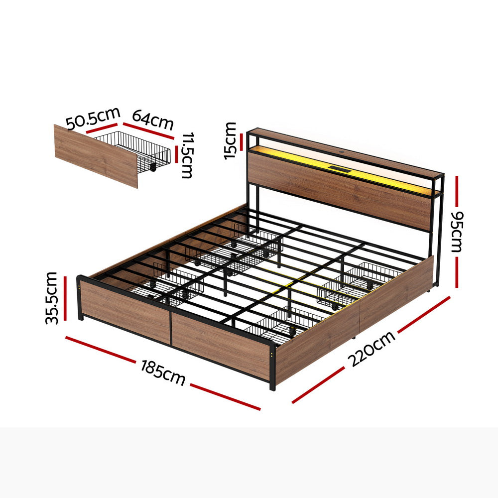 Sky King LED Bed Frame with Storage Drawers & Charging Ports – Black & Brown measuring 220x185cm with detailed dimensions shown