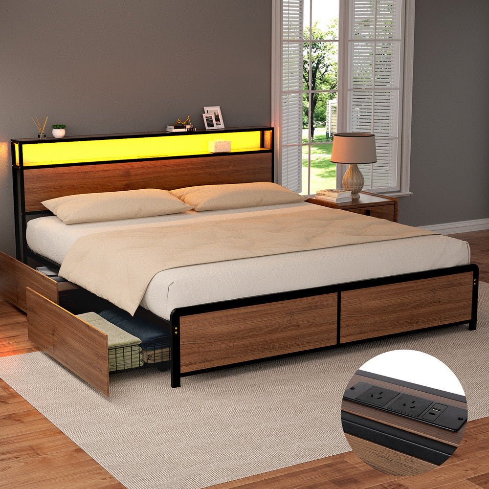 King Package | Sky LED Bed Frame with Storage Drawers Brown & Serenity Euro Top Mattress (Medium Firm)