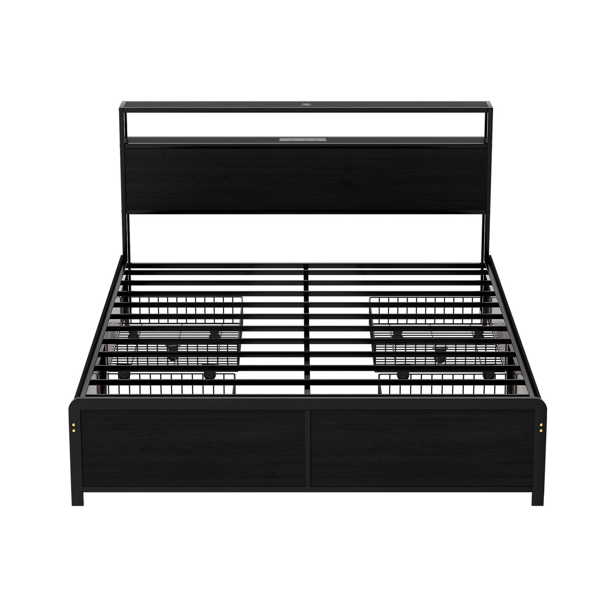 Sky Queen LED Bed Frame with Storage Drawers & Charging Ports – Black metal frame with headboard and under-bed storage baskets