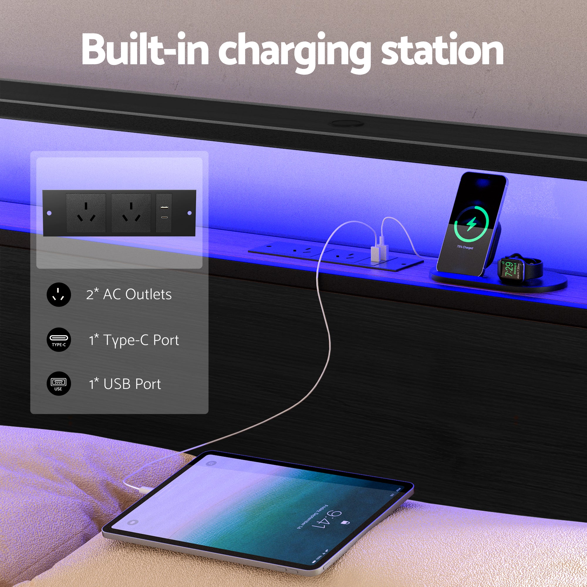 Built-in charging station with AC outlets, USB and Type-C ports on Sky Queen LED Bed Frame with Storage Drawers – Black