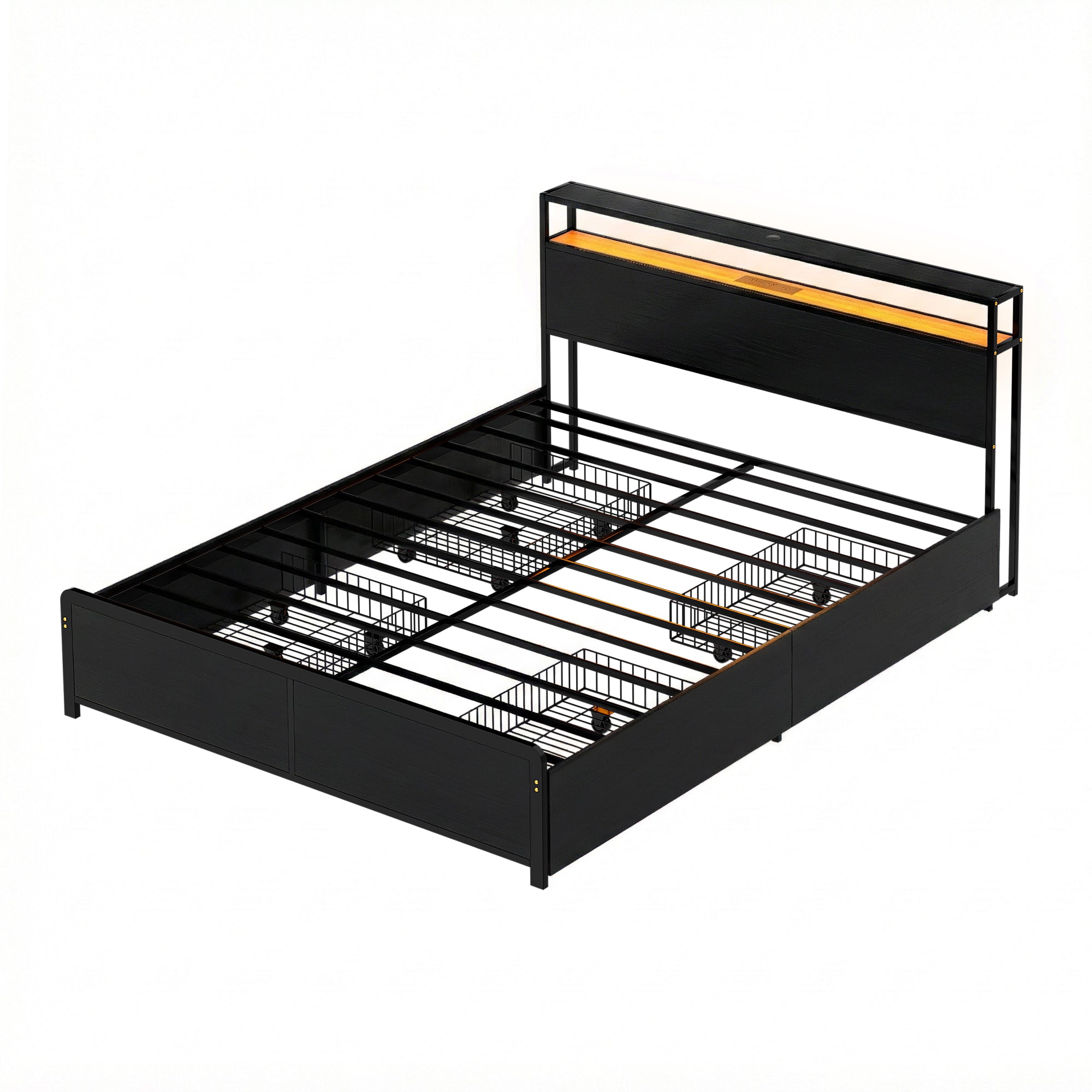 Sky Queen LED Bed Frame with Storage Drawers & Charging Ports – Black metal frame with headboard and spacious under-bed storage baskets.