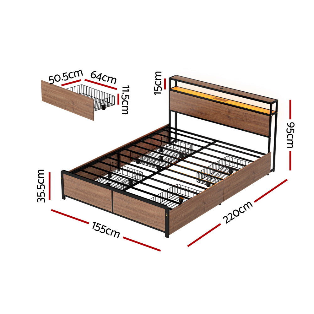 Sky Queen LED Bed Frame with Storage Drawers & Charging Ports – Black & Brown with dimensions and metal slats shown