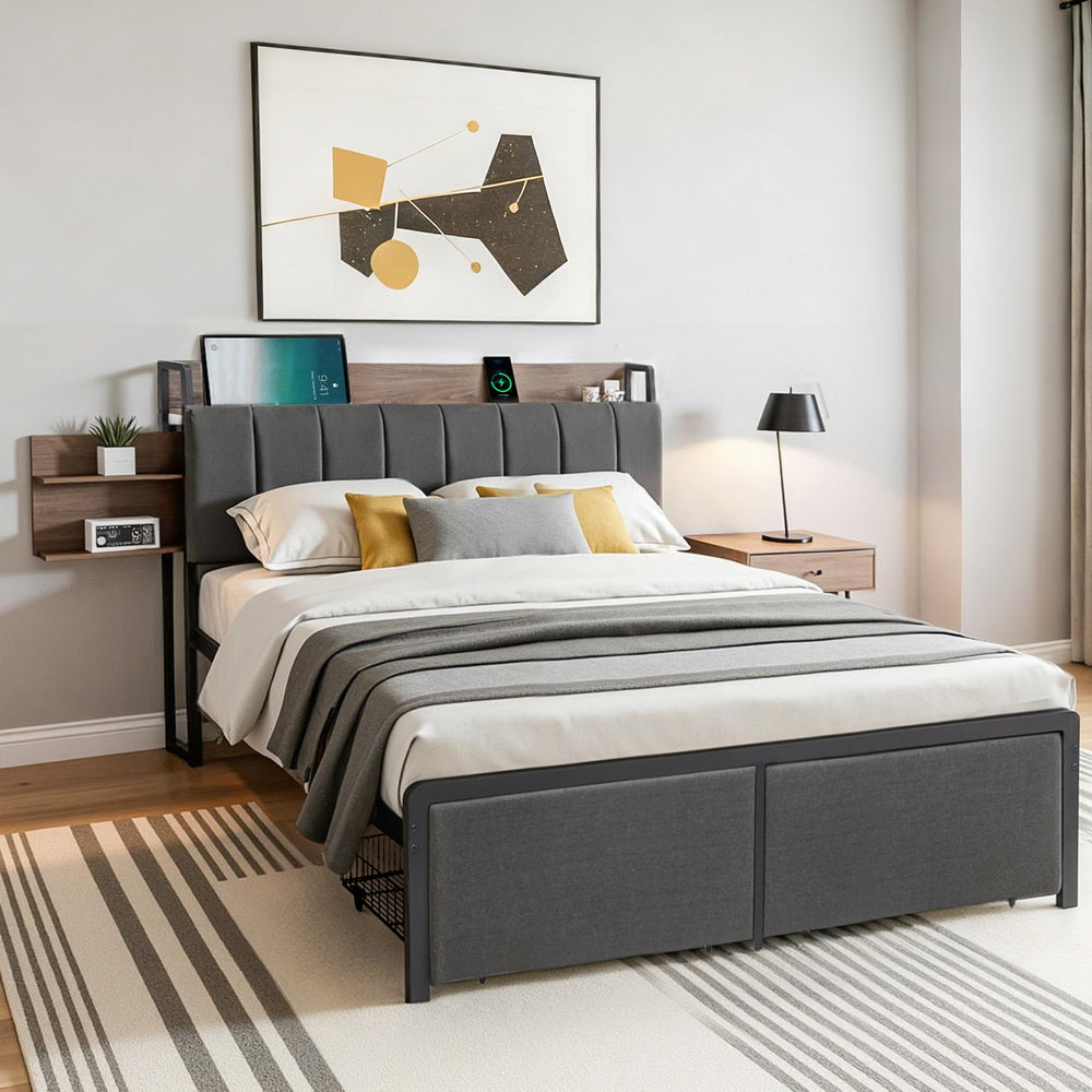 Sotera Double Upholstered Storage Bed Frame with Charging Station – Oak/Grey, grey fabric, built-in shelves, and storage drawers
