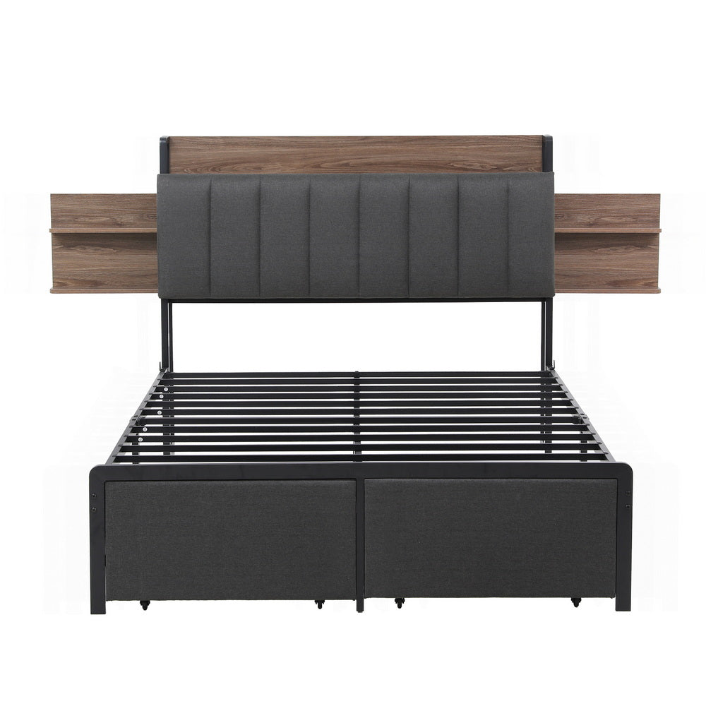 Sotera Double Upholstered Storage Bed Frame with Charging Station – Oak/Grey featuring padded headboard and metal slats on white background