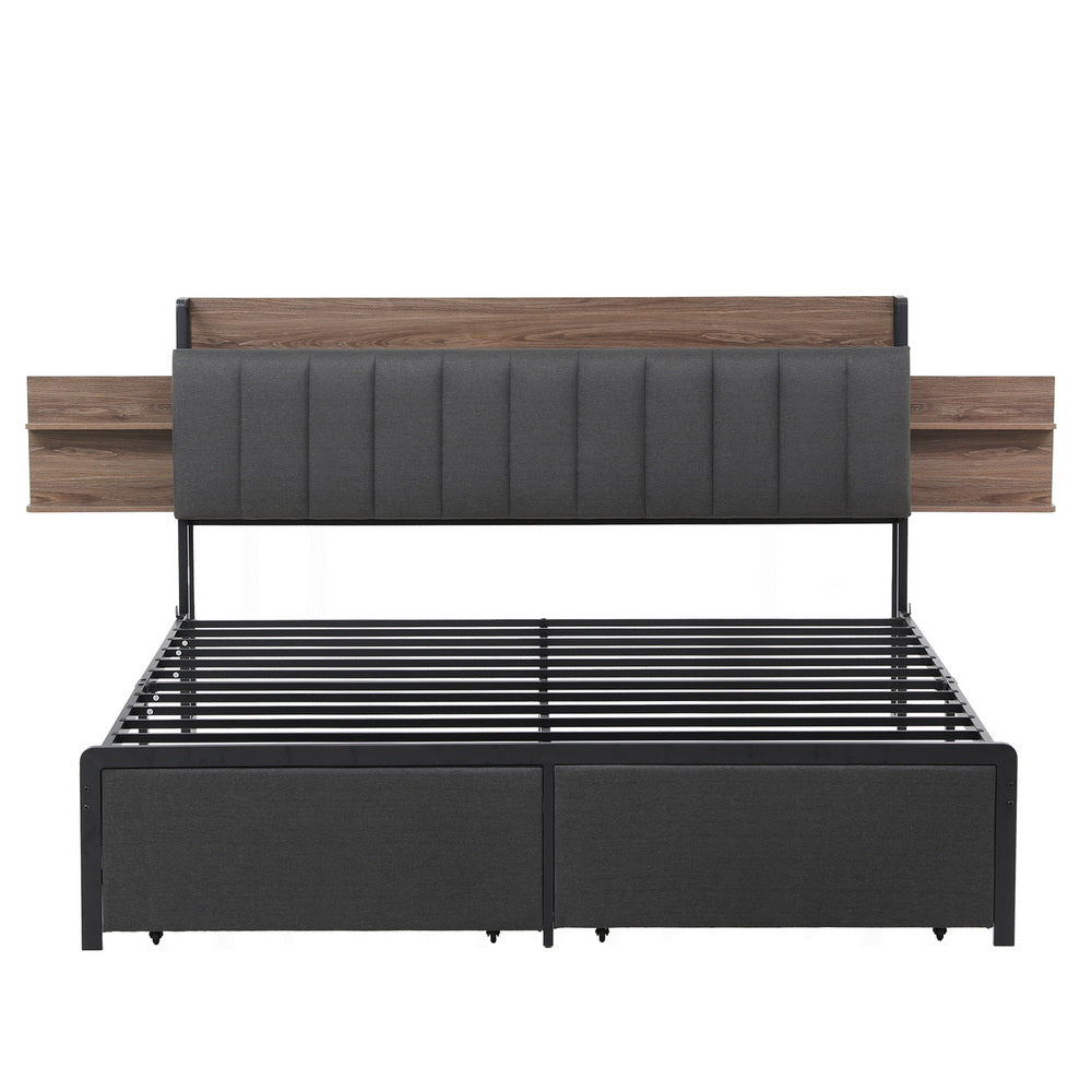 Sotera King Upholstered Storage Bed Frame with Charging Station – Oak/Grey, gray upholstery, wood accents, metal frame, storage drawers