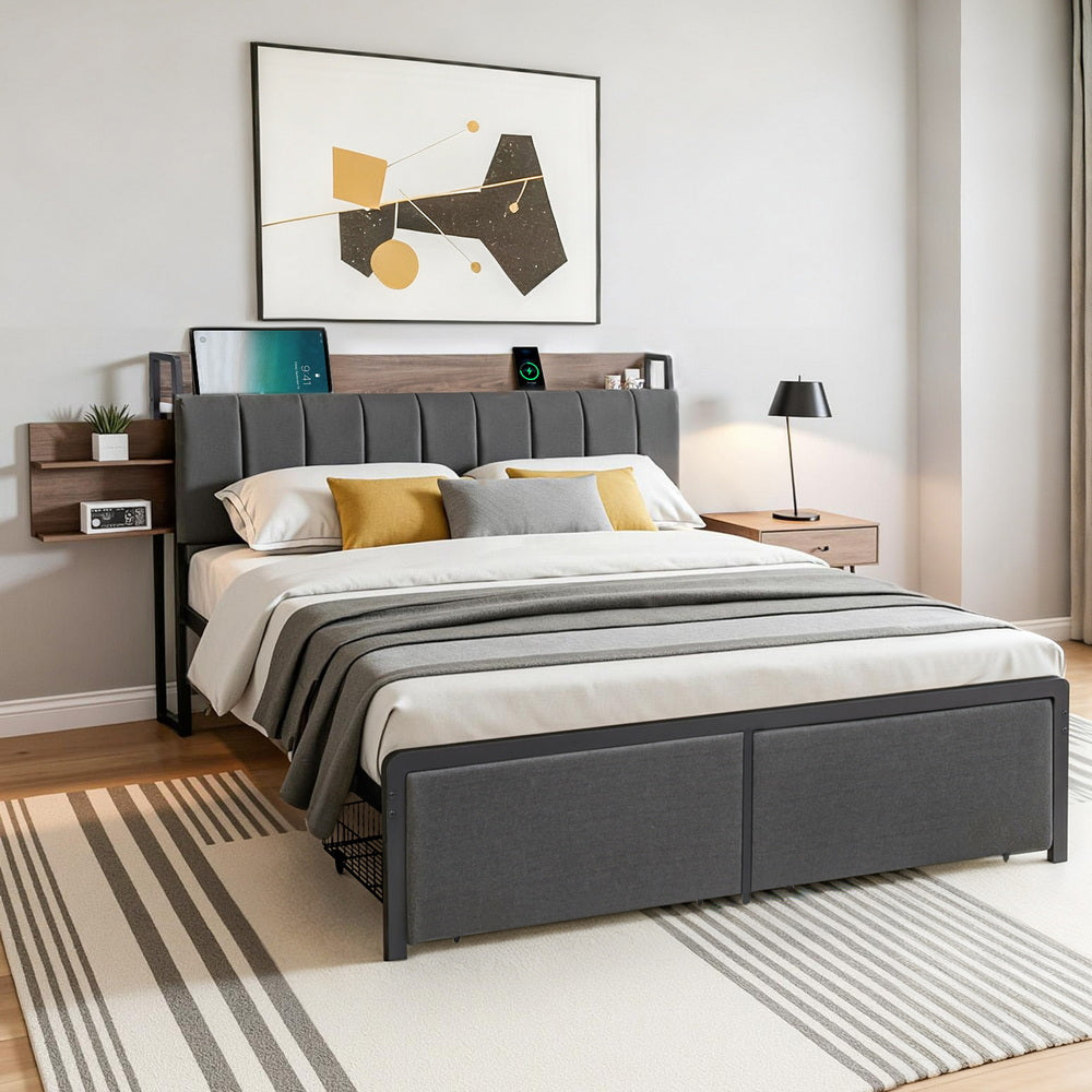 Sotera Queen Upholstered Storage Bed Frame with Charging Station – Oak/Grey in modern bedroom setting with pillows and wall art