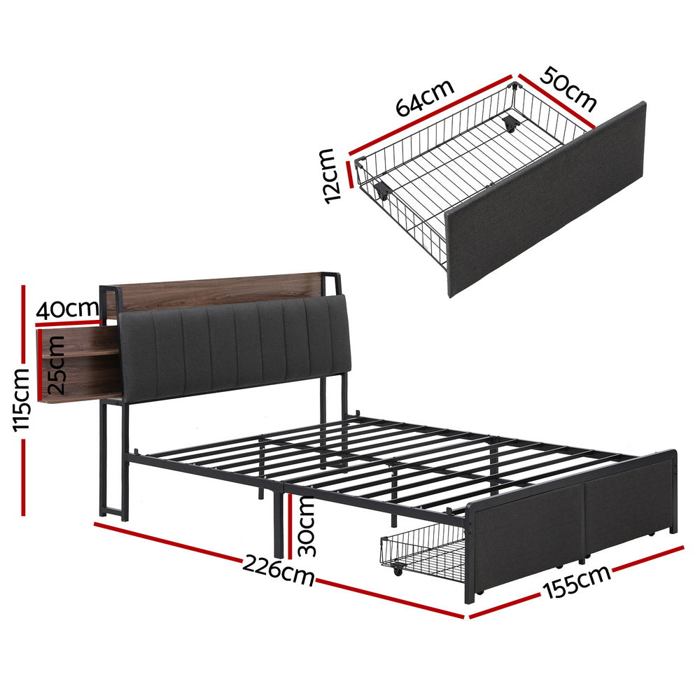 Sotera Queen Upholstered Storage Bed Frame with Charging Station – Oak/Grey showing dimensions and metal storage basket detail