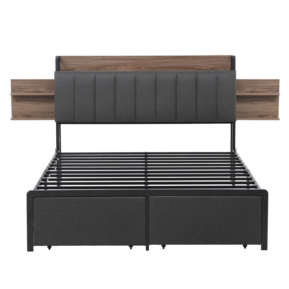 Sotera Queen Upholstered Storage Bed Frame with Charging Station – Oak/Grey, padded headboard and metal slat base