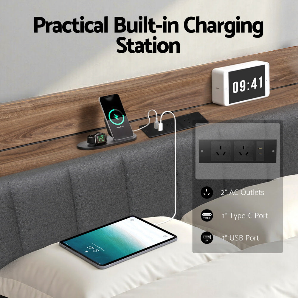 Sotera Queen Upholstered Storage Bed Frame with Charging Station – Oak/Grey featuring built-in charging ports and padded grey headboard