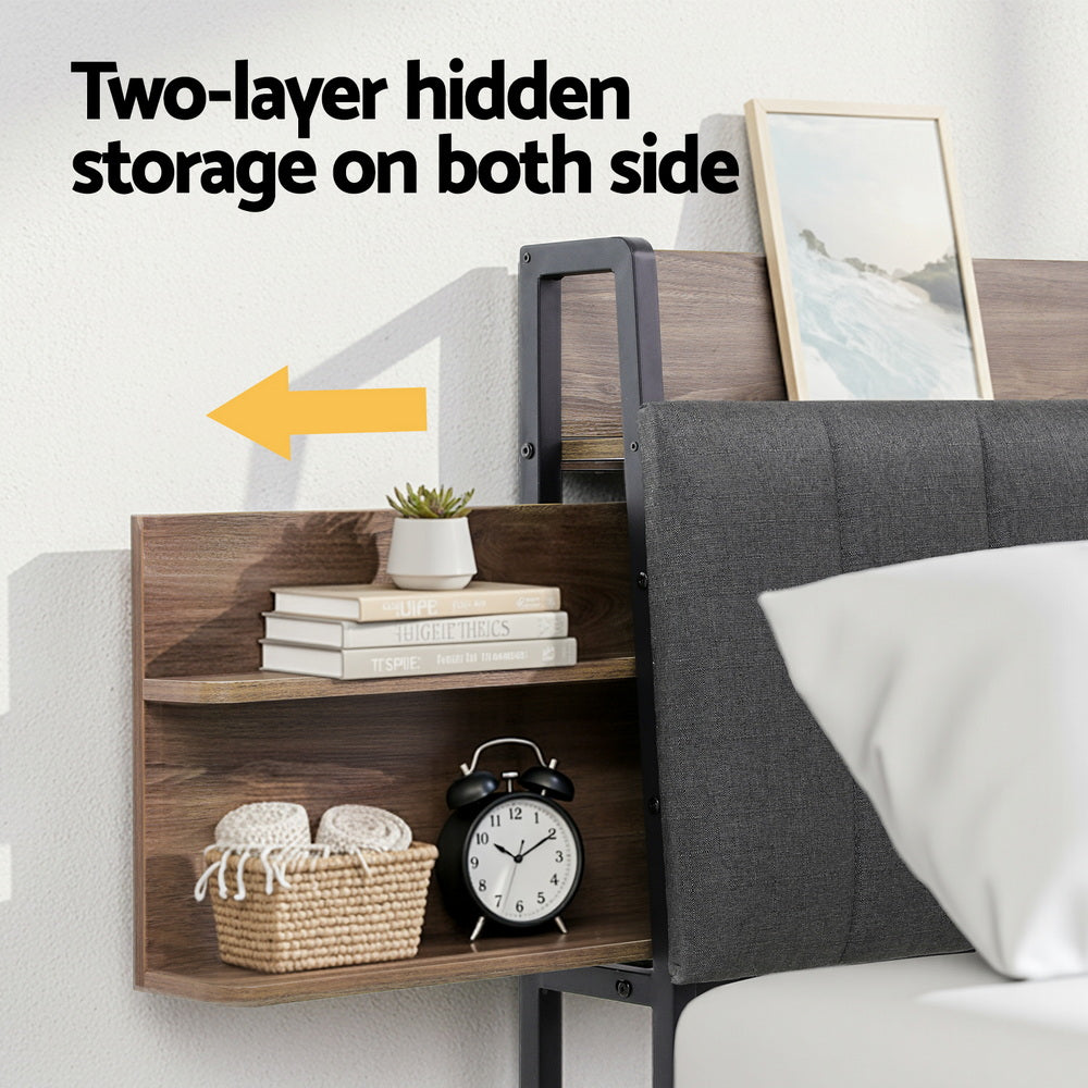 Sotera Queen Upholstered Storage Bed Frame with Charging Station – Oak/Grey showing two-layer hidden side storage shelves with decor and clock