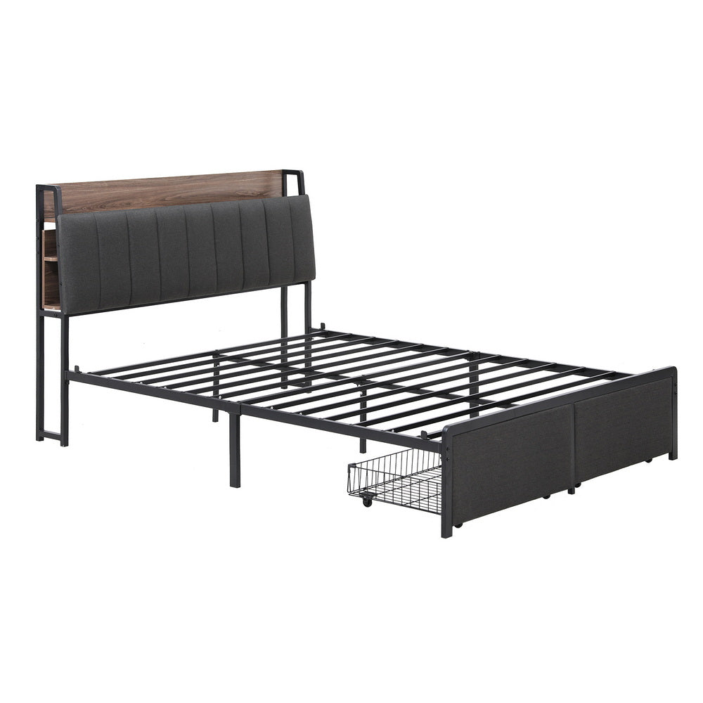 Sotera Queen Upholstered Storage Bed Frame with Charging Station – Oak/Grey metal frame with padded headboard and under-bed storage drawer