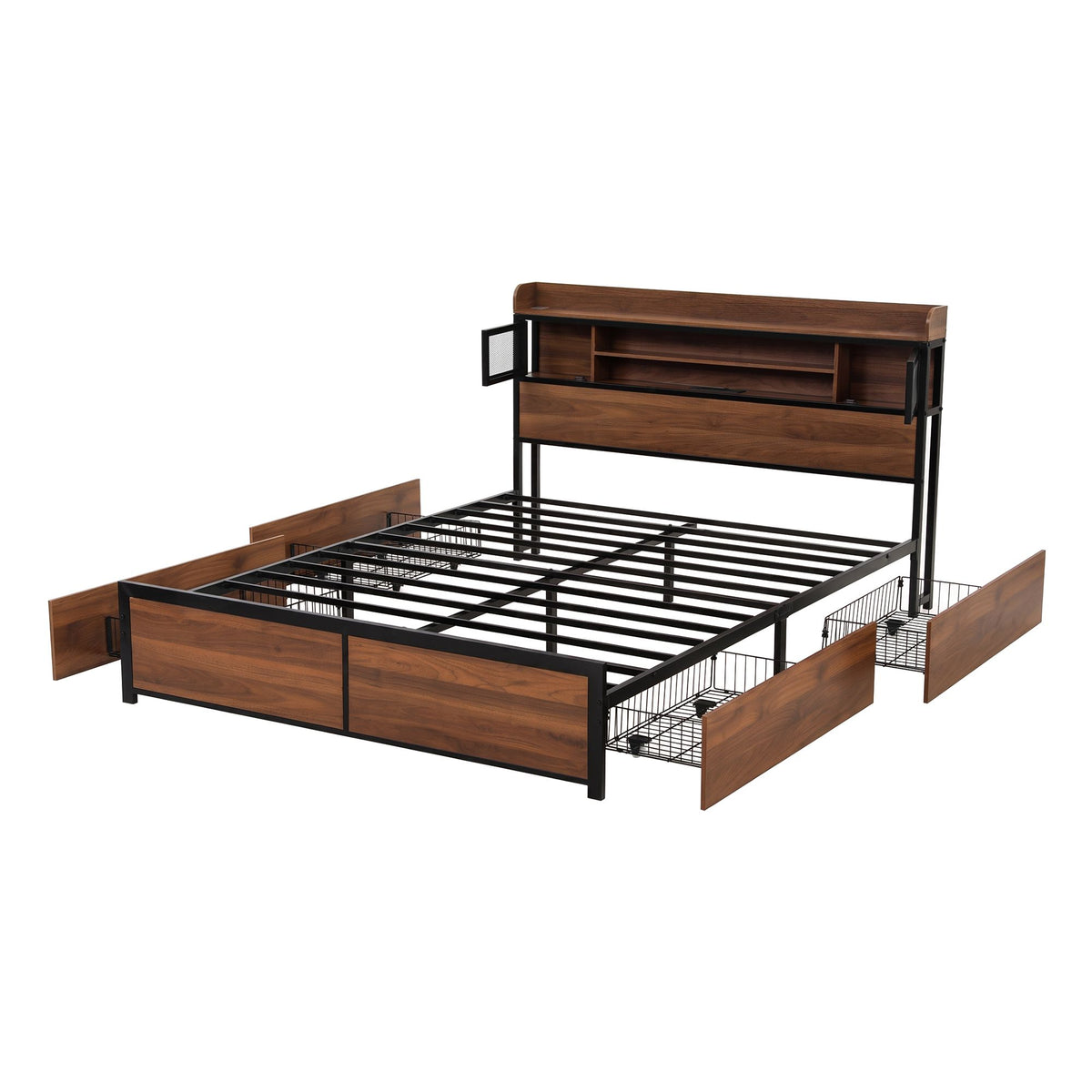 Double Bed Frame with 4 Drawers and Charging Station - Oak