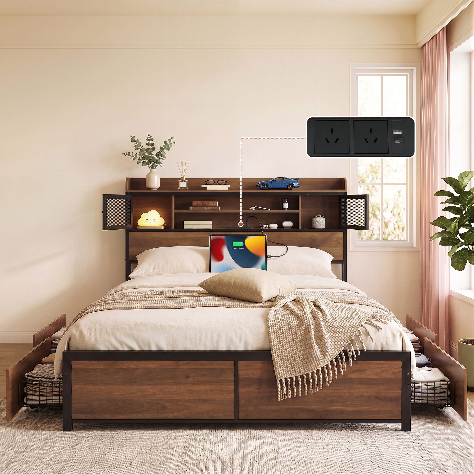 Queen Bed Frame with 4 Drawers and Charging Station - Oak