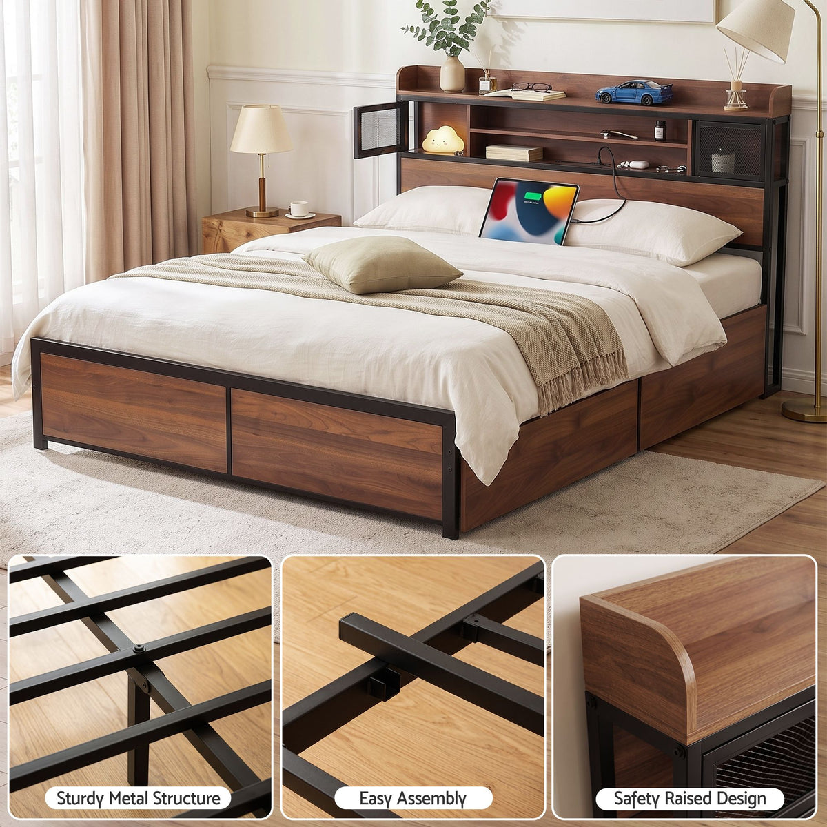 Queen Bed Frame with 4 Drawers and Charging Station - Oak
