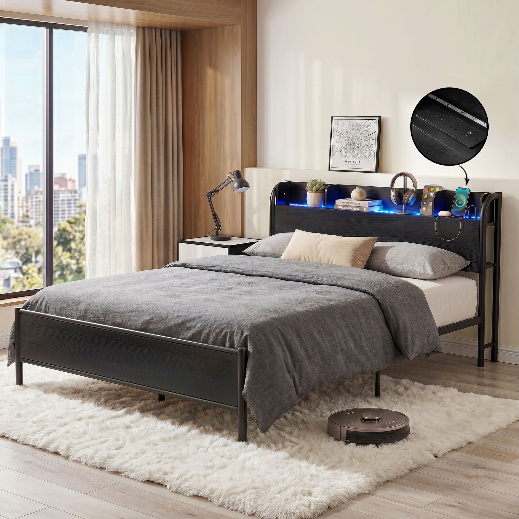 Bed Frame Double Size with Storage Shelf Headboard Charging Station GRID