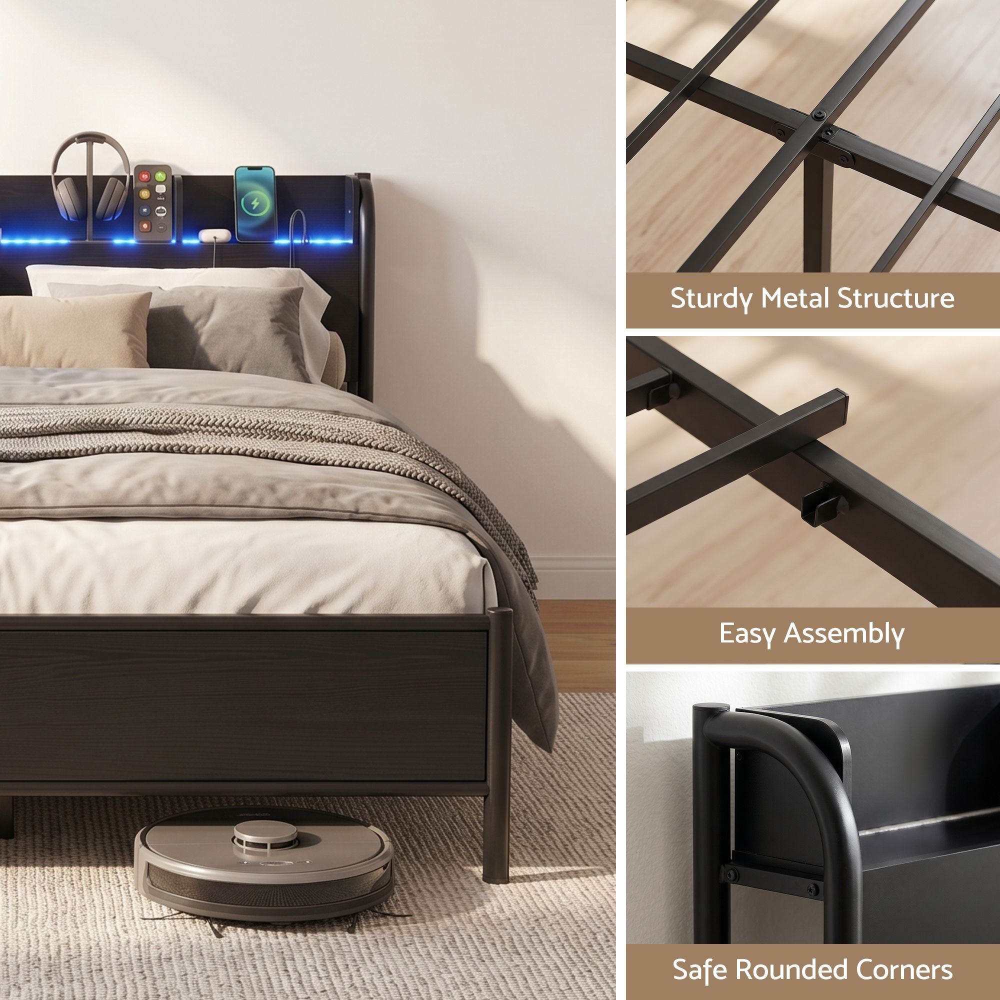 Bed Frame Queen Size with Storage Shelf Headboard Charging Station GRID
