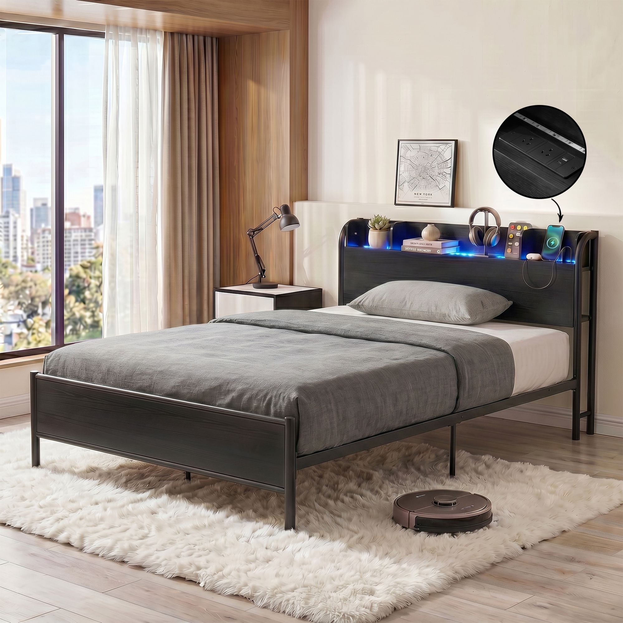 Bed Frame Single Size with Storage Shelf Headboard Charging Station GRID