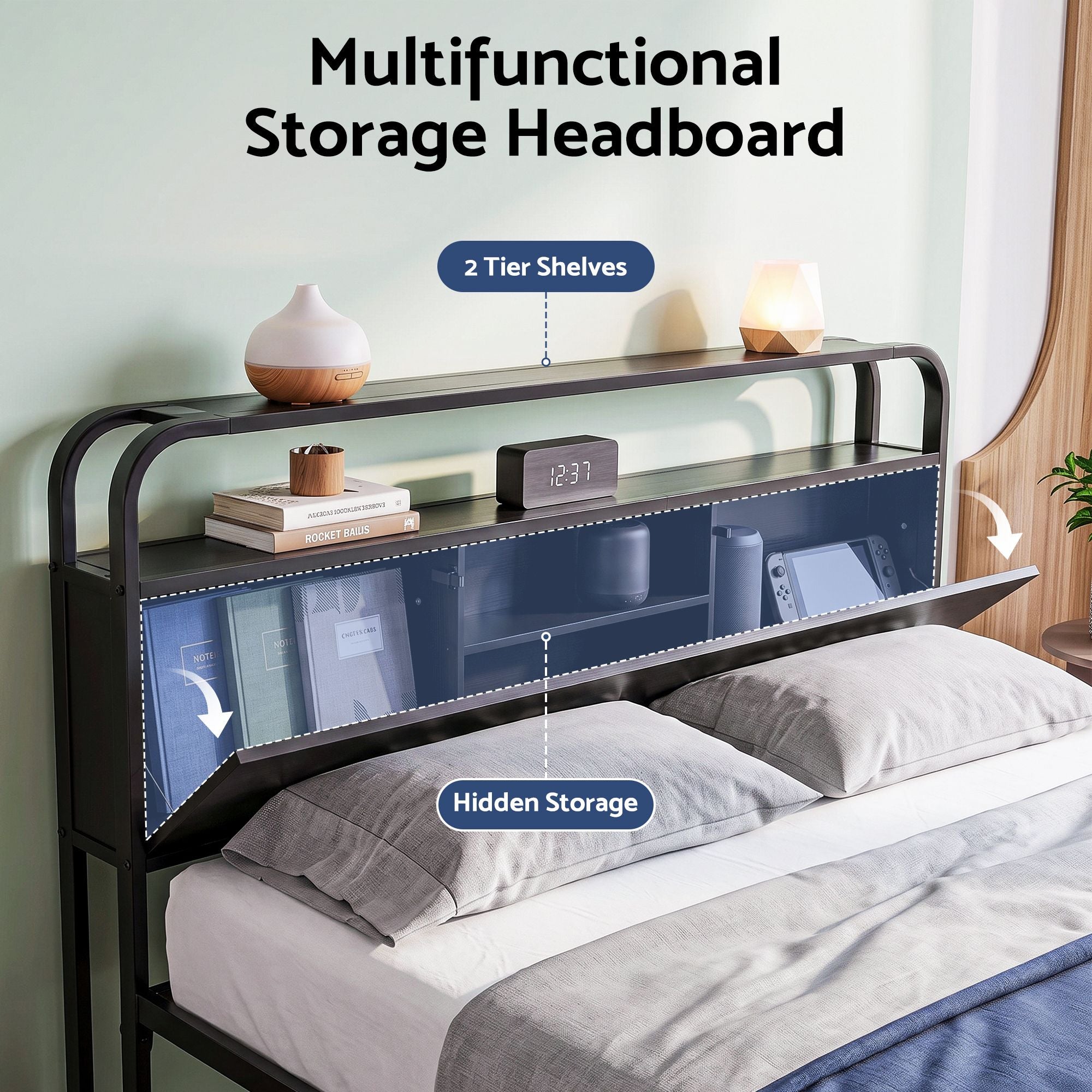 King Metal Bed Frame 4 Drawers Hidden Storage Headboard HEDY