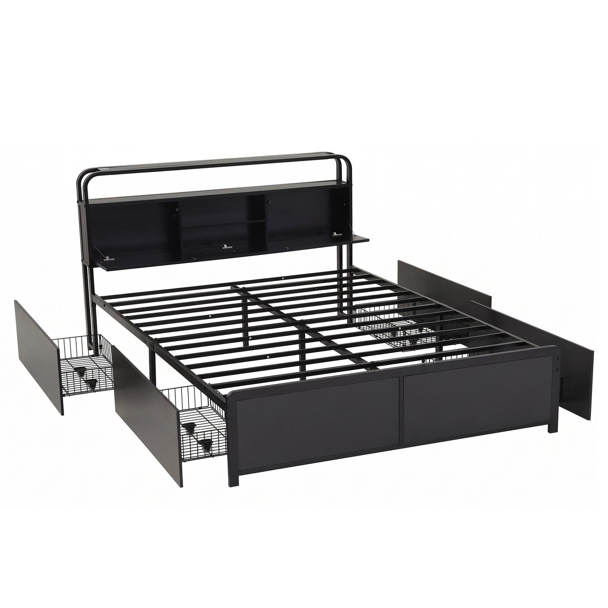 Queen Metal Bed Frame 4 Drawers Hidden Storage Headboard HEDY