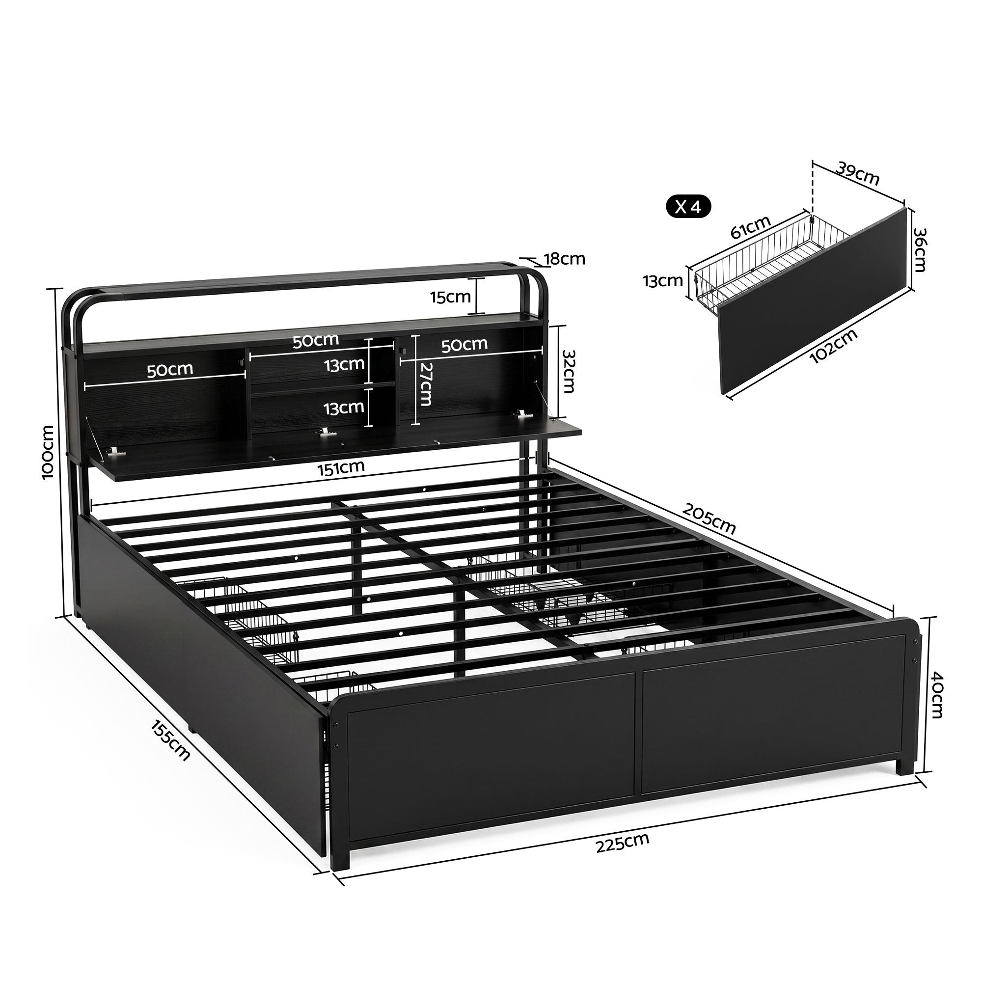 Queen Metal Bed Frame 4 Drawers Hidden Storage Headboard HEDY
