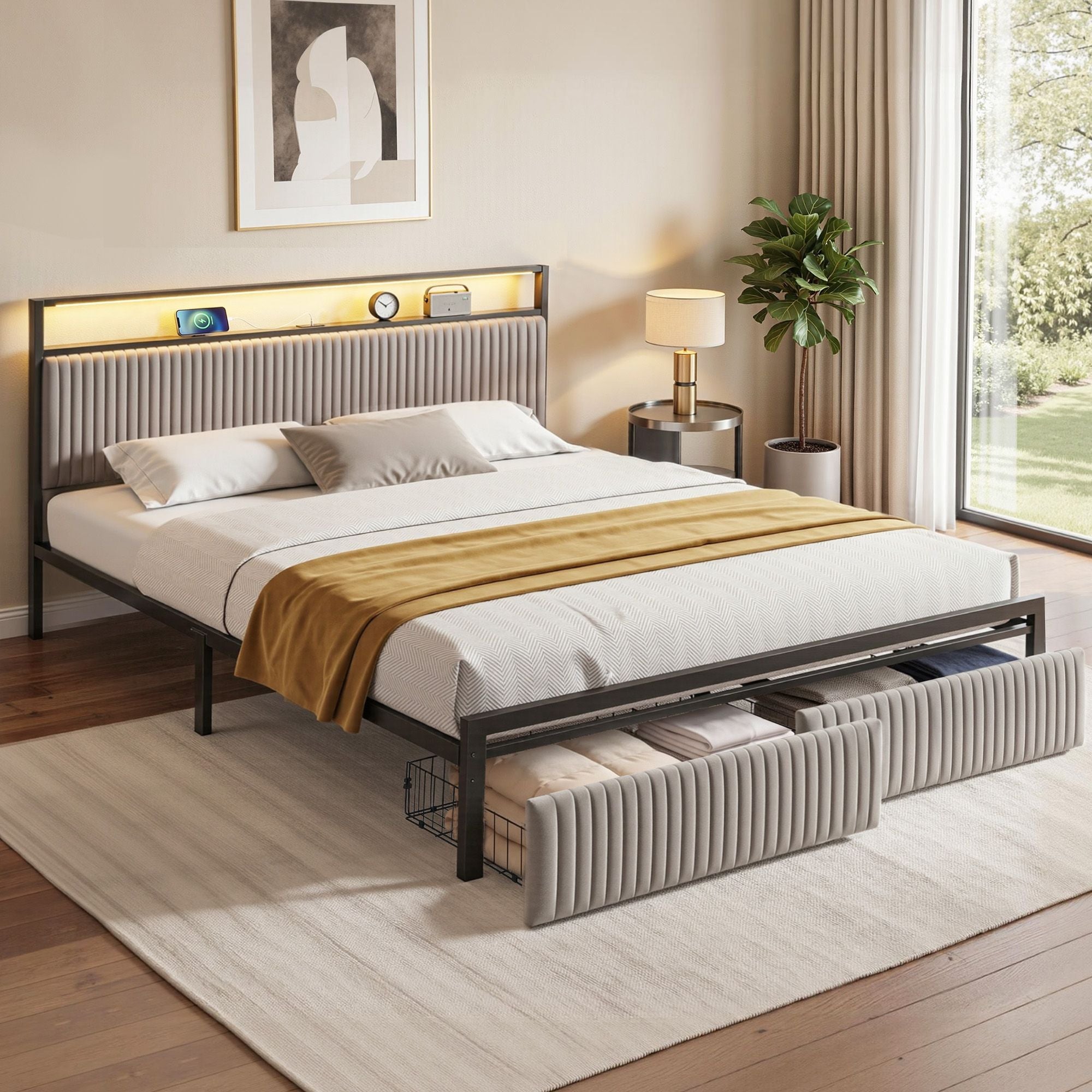 Metal Bed Frame King Size LED Charging Station 2 Drawers