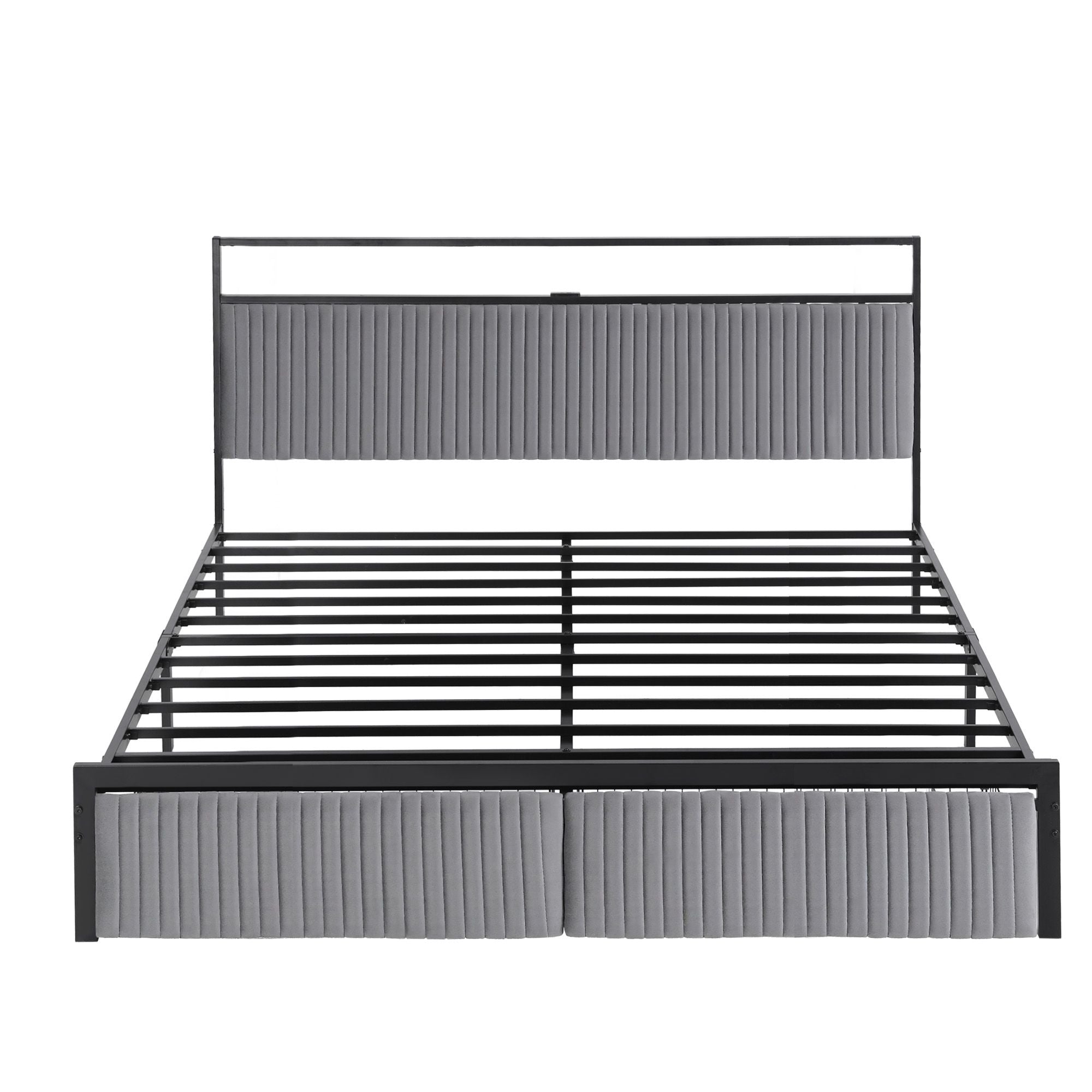 Metal Bed Frame King Size LED Charging Station 2 Drawers