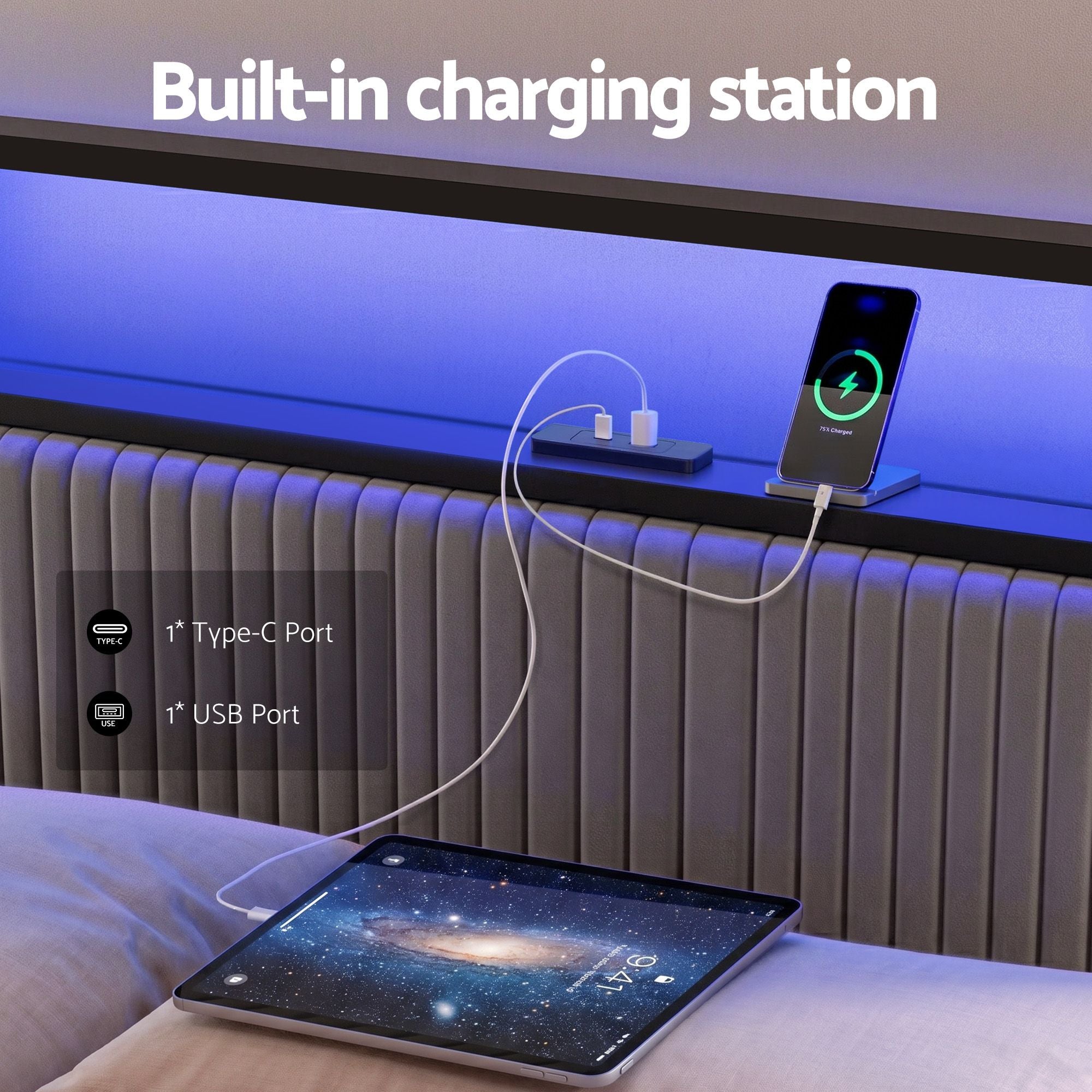 Metal Bed Frame King Size LED Charging Station 2 Drawers