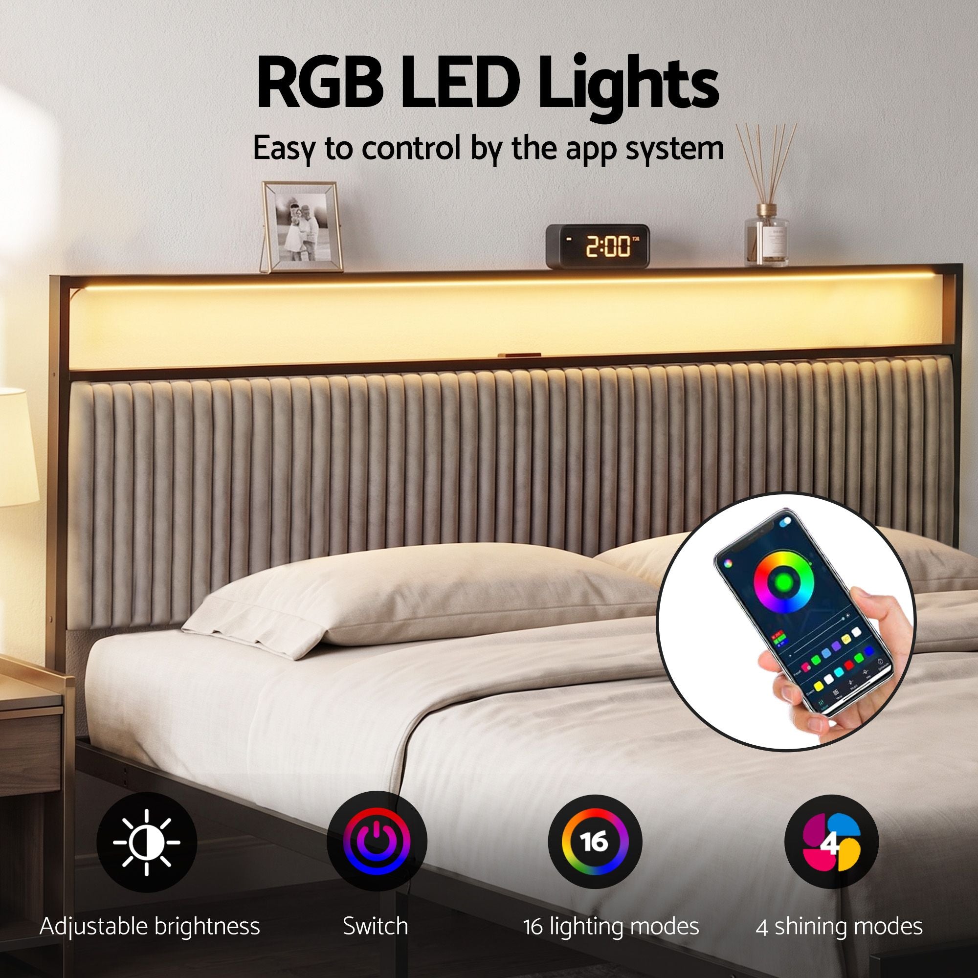 Metal Bed Frame King Size LED Charging Station 2 Drawers