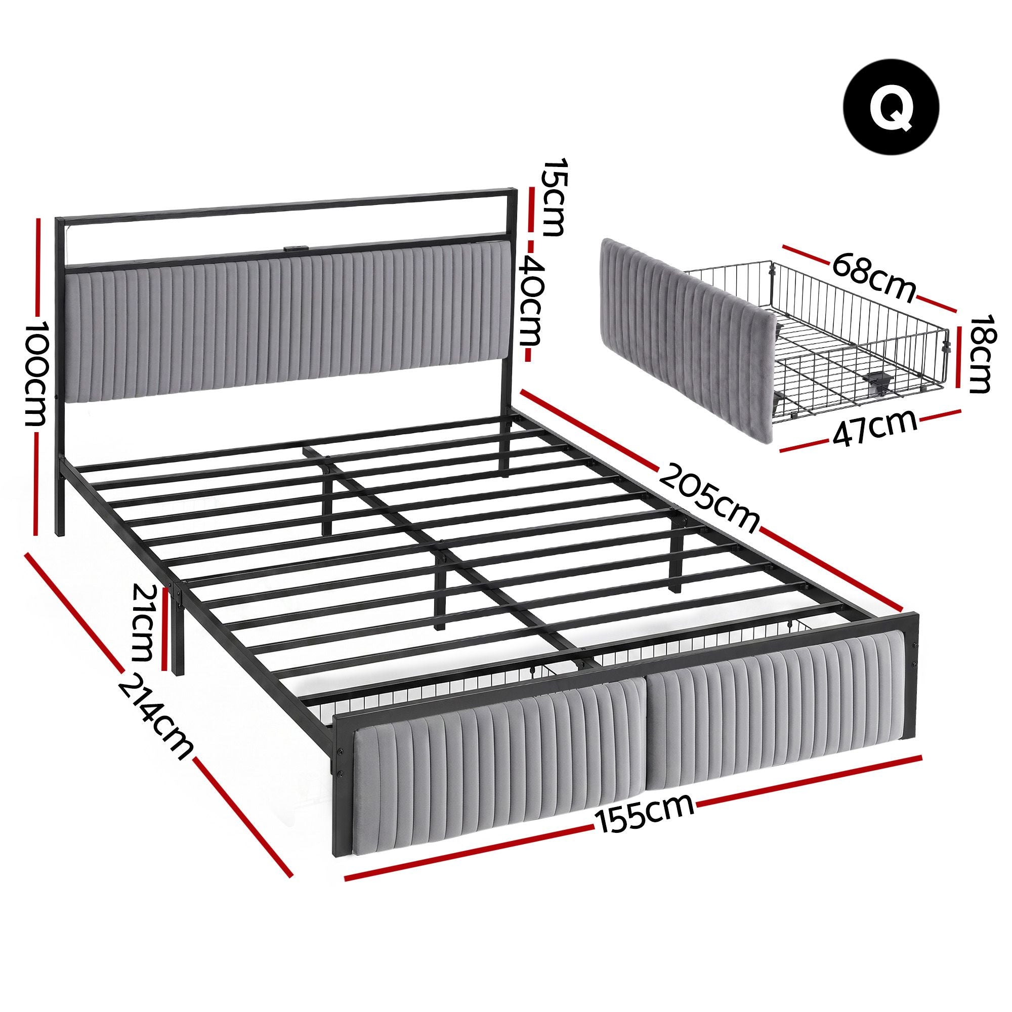 Queen Metal Bed Frame with LED Charging Station and 2 Drawers - Black