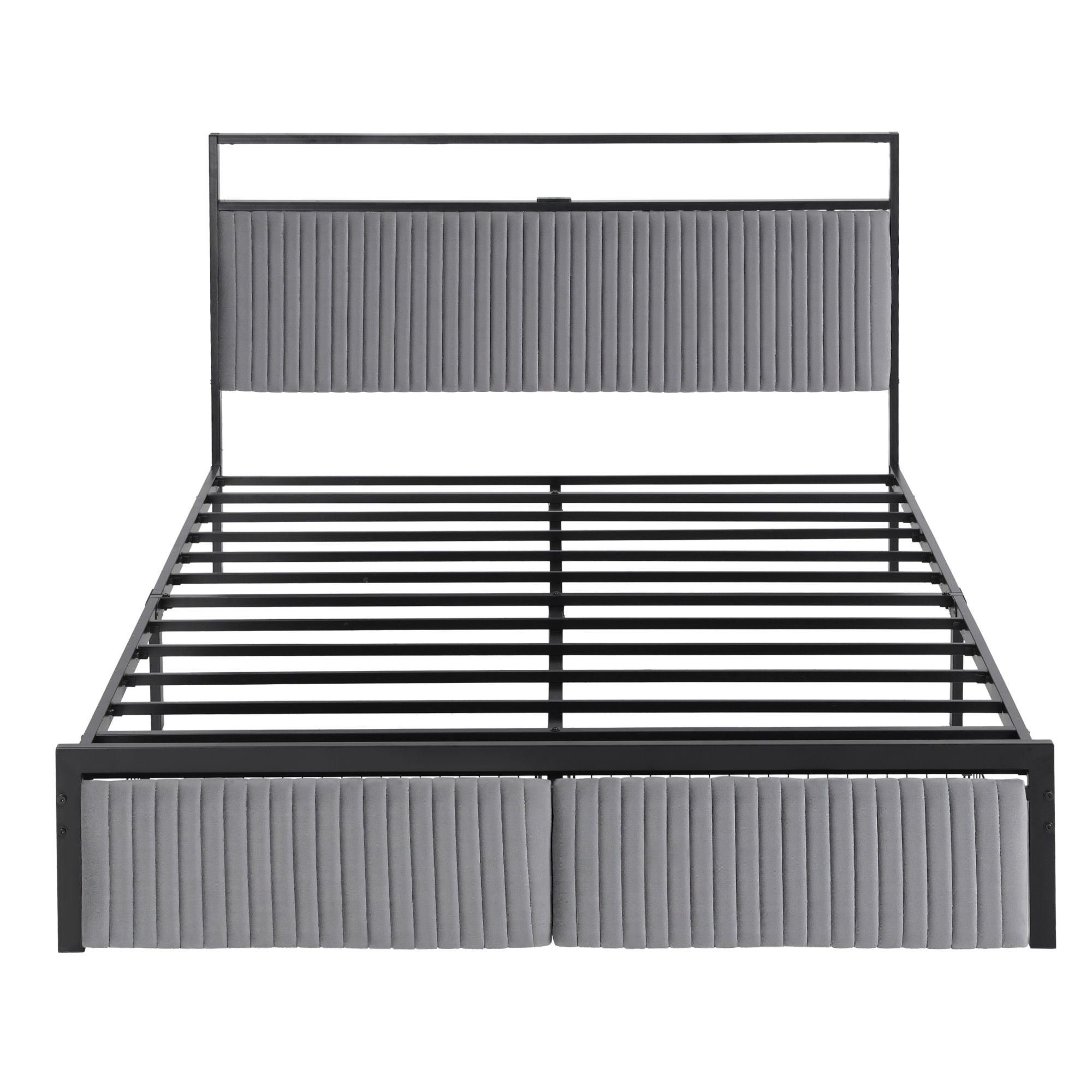 Queen Metal Bed Frame with LED Charging Station and 2 Drawers - Black