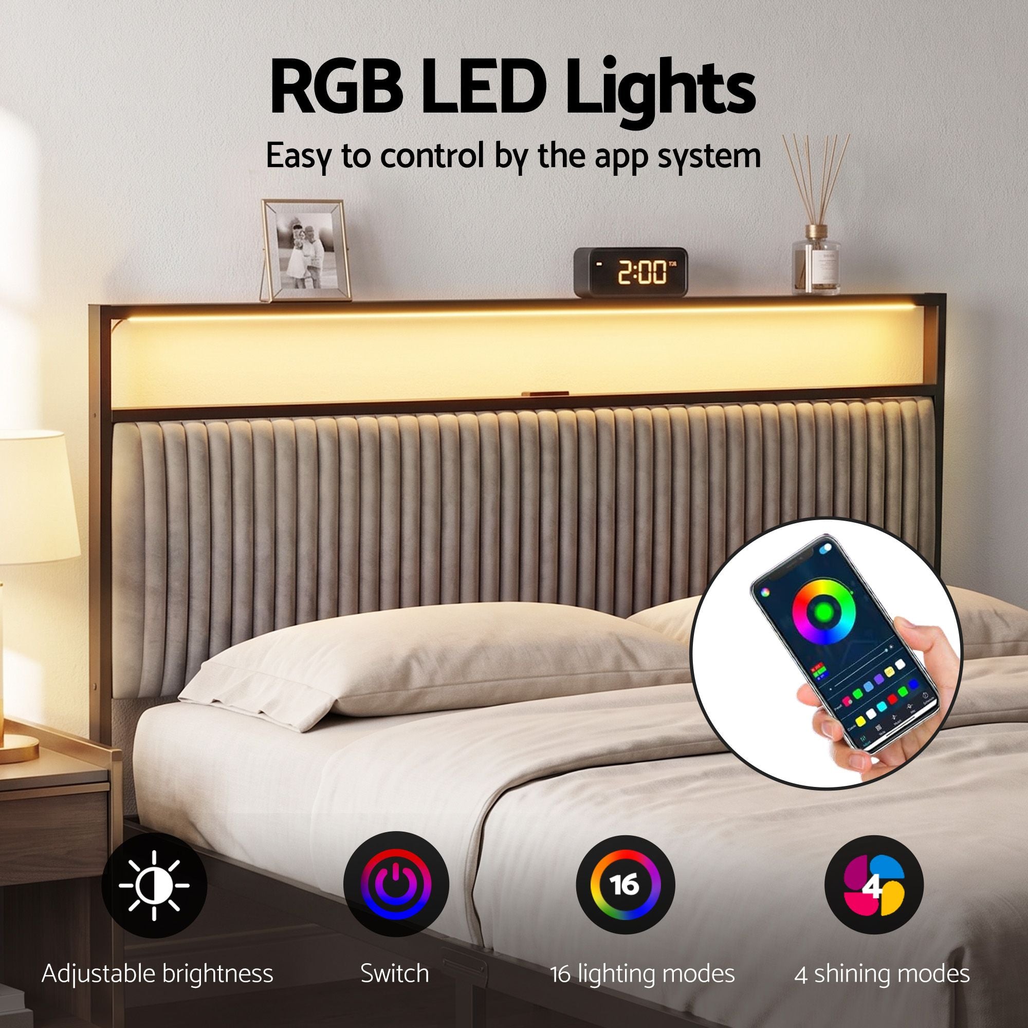 Queen Metal Bed Frame with LED Charging Station and 2 Drawers - Black