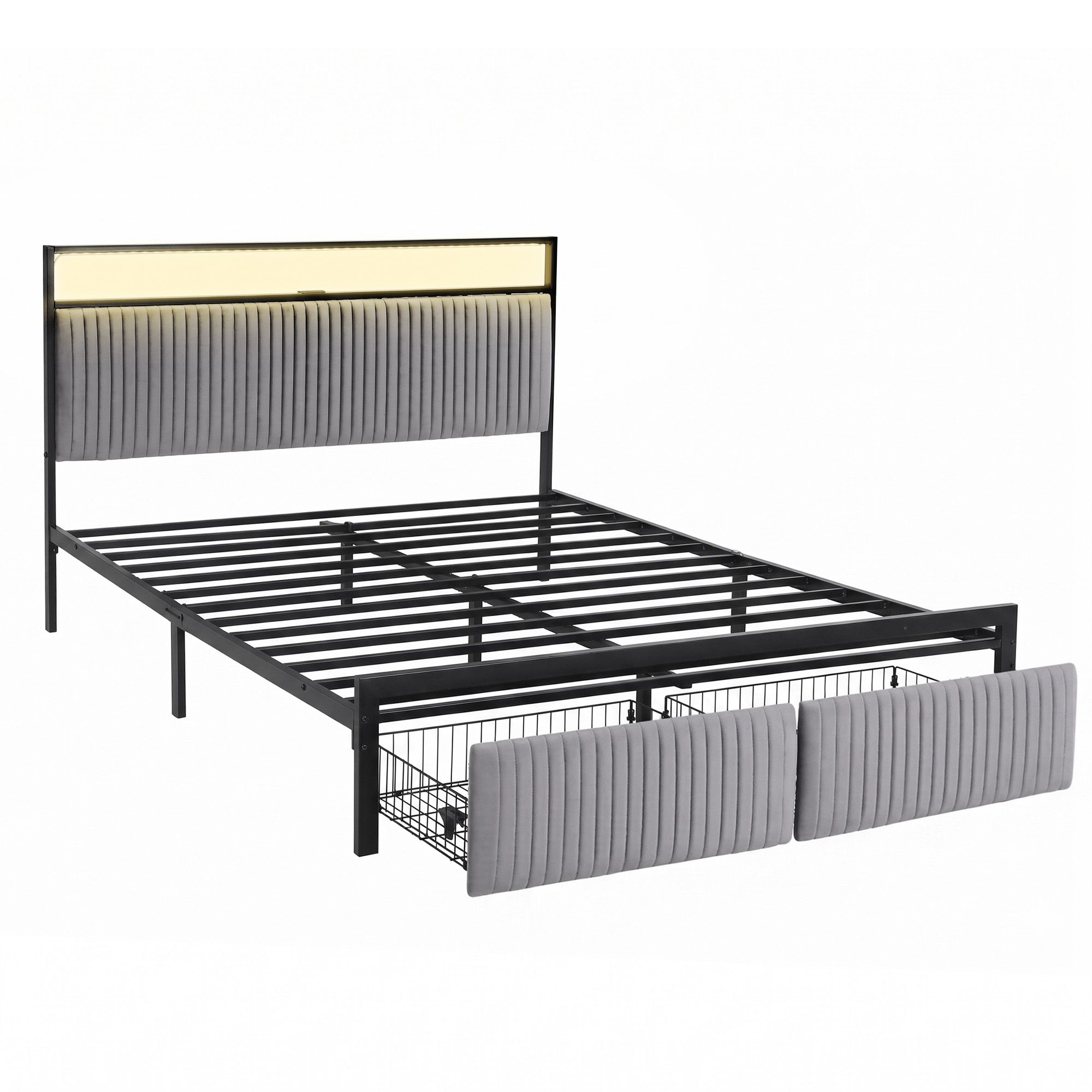 Queen Metal Bed Frame with LED Charging Station and 2 Drawers - Black