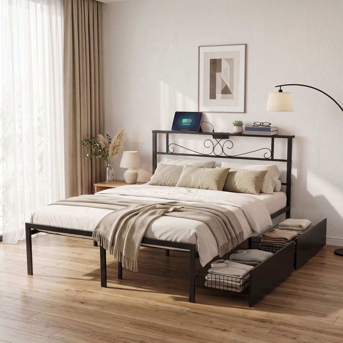 Double Metal Bed Frame with Charging Station and Storage Drawers - Black