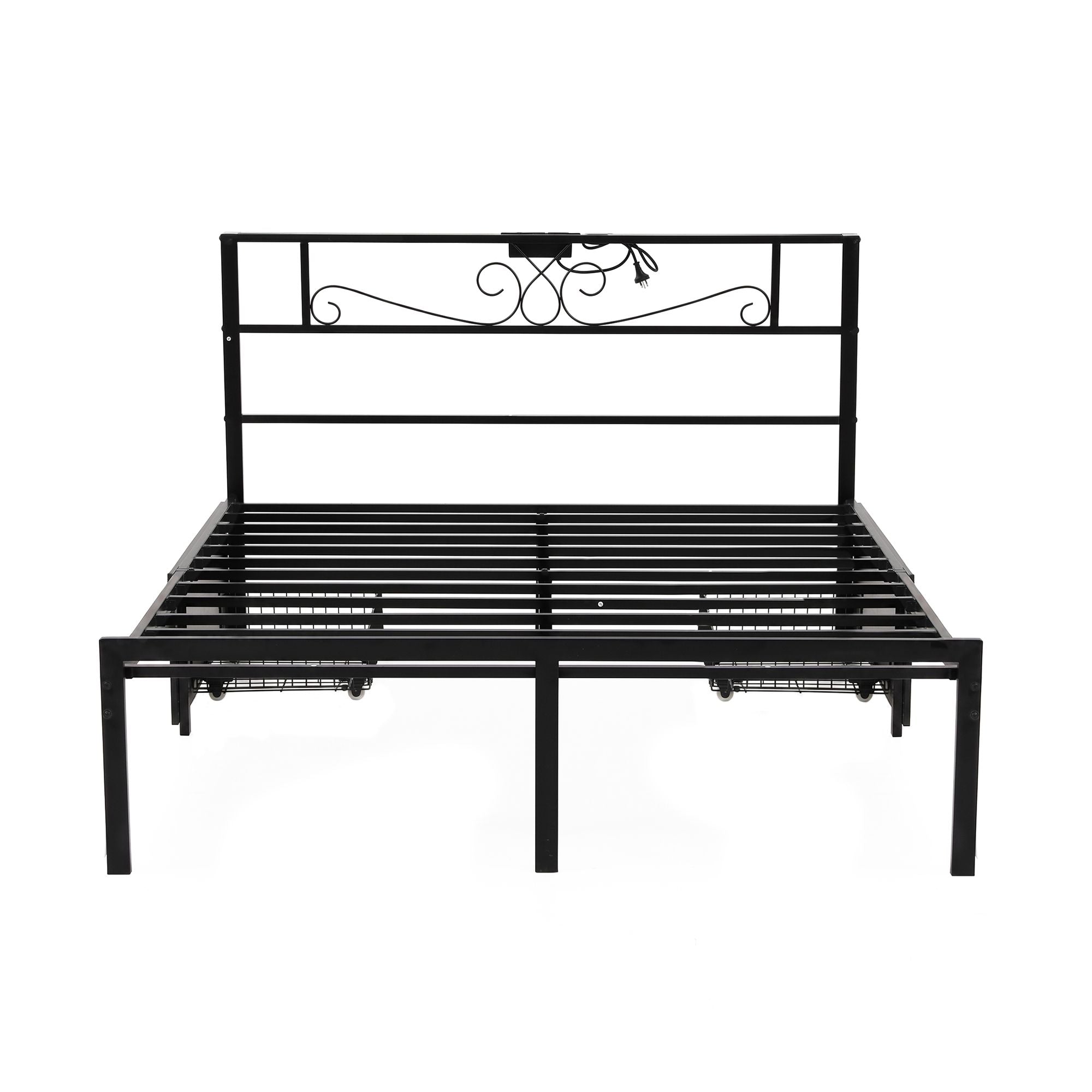 Double Metal Bed Frame with Charging Station and Storage Drawers - Black