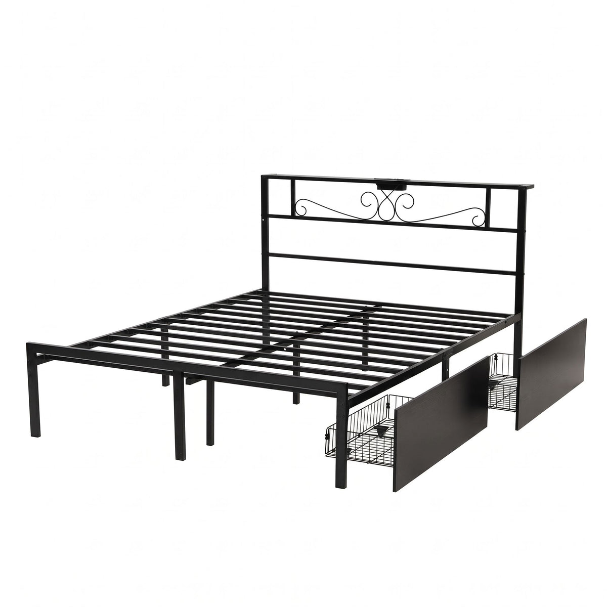 Queen Metal Bed Frame with Charging Station and Storage Drawers - Black