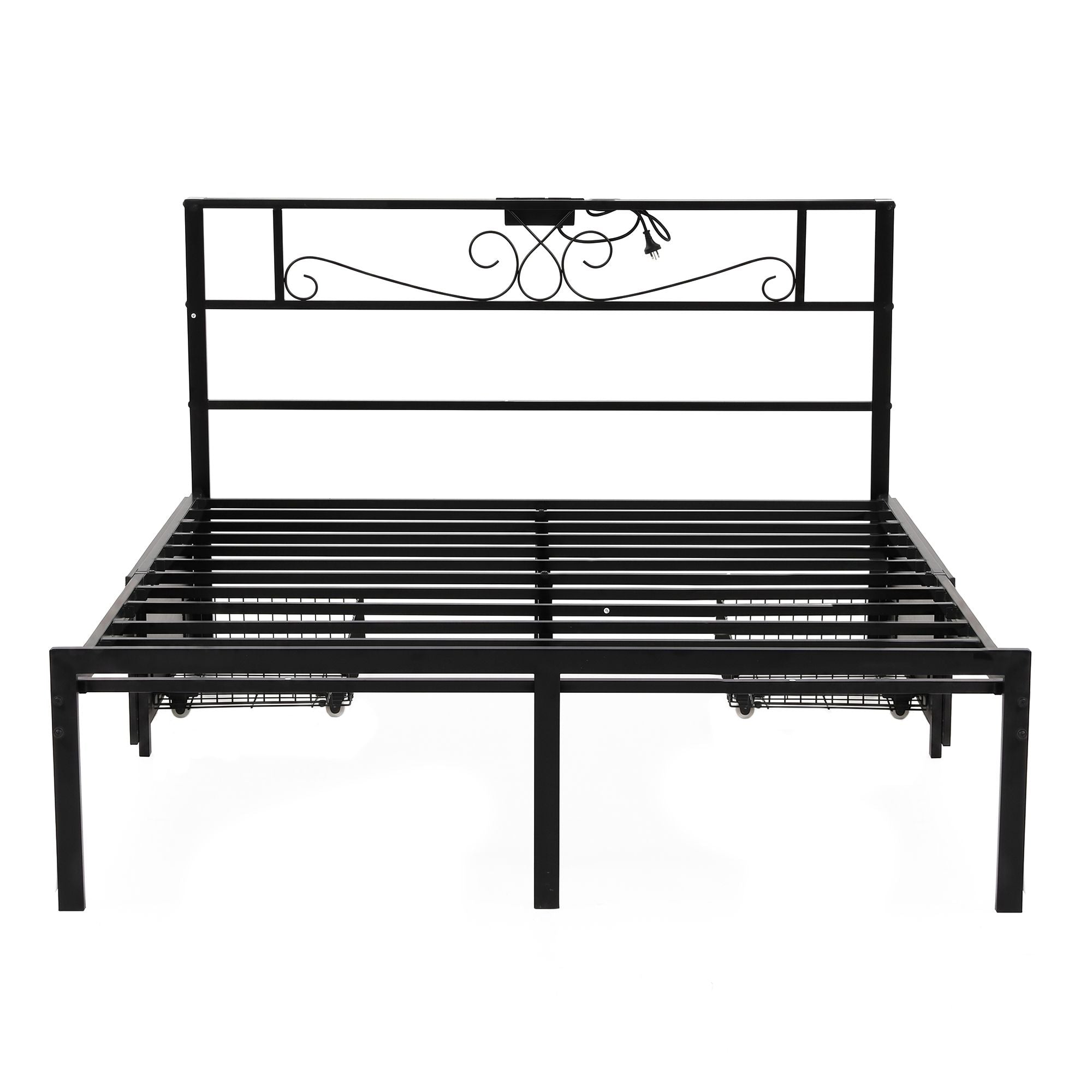 Queen Metal Bed Frame with Charging Station and Storage Drawers - Black